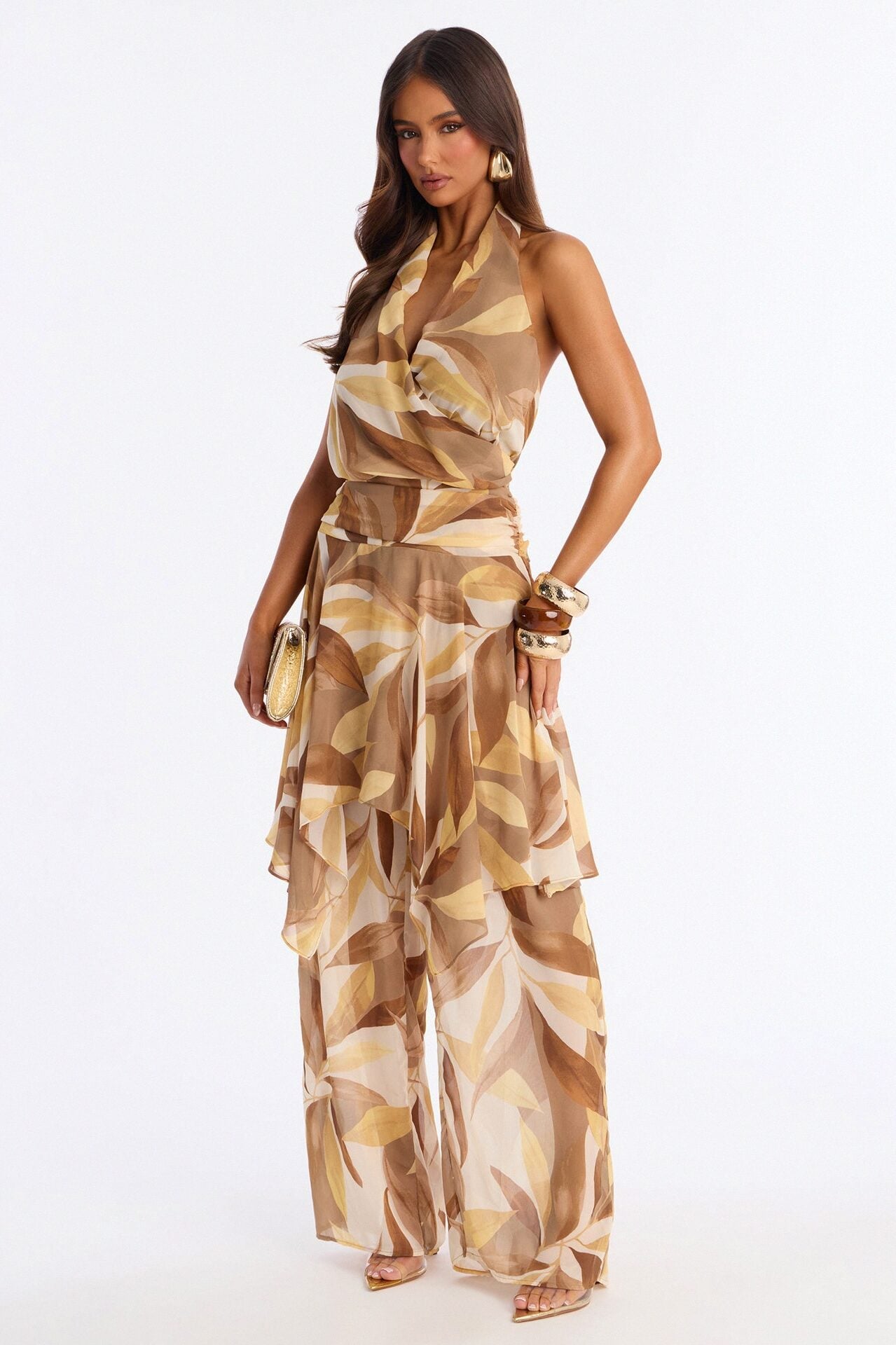 Boho Oasis Halter Abstract Jumpsuit - Khaki image 1