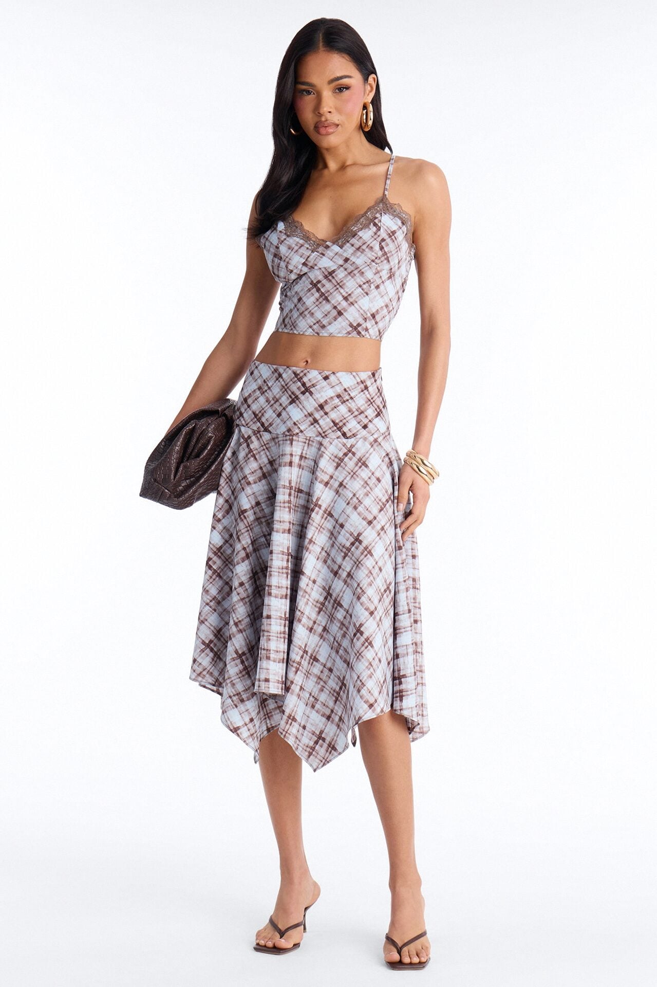 Vivienne Lace Trim Plaid Asymmetrical Skirt Set - Brown/combo image 1