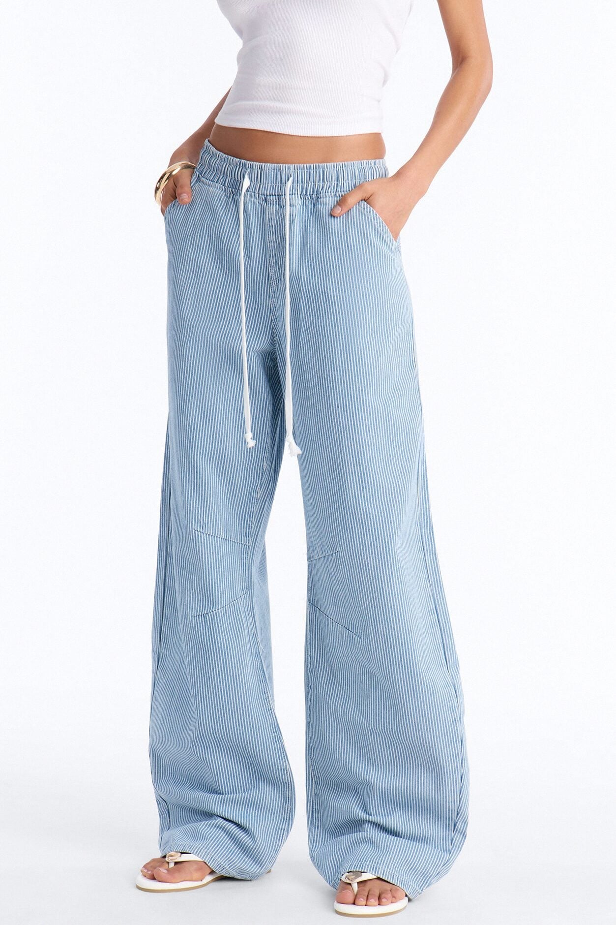 Oceanside Tie Waist Striped Tie Waist Jeans - Light Wash image 1