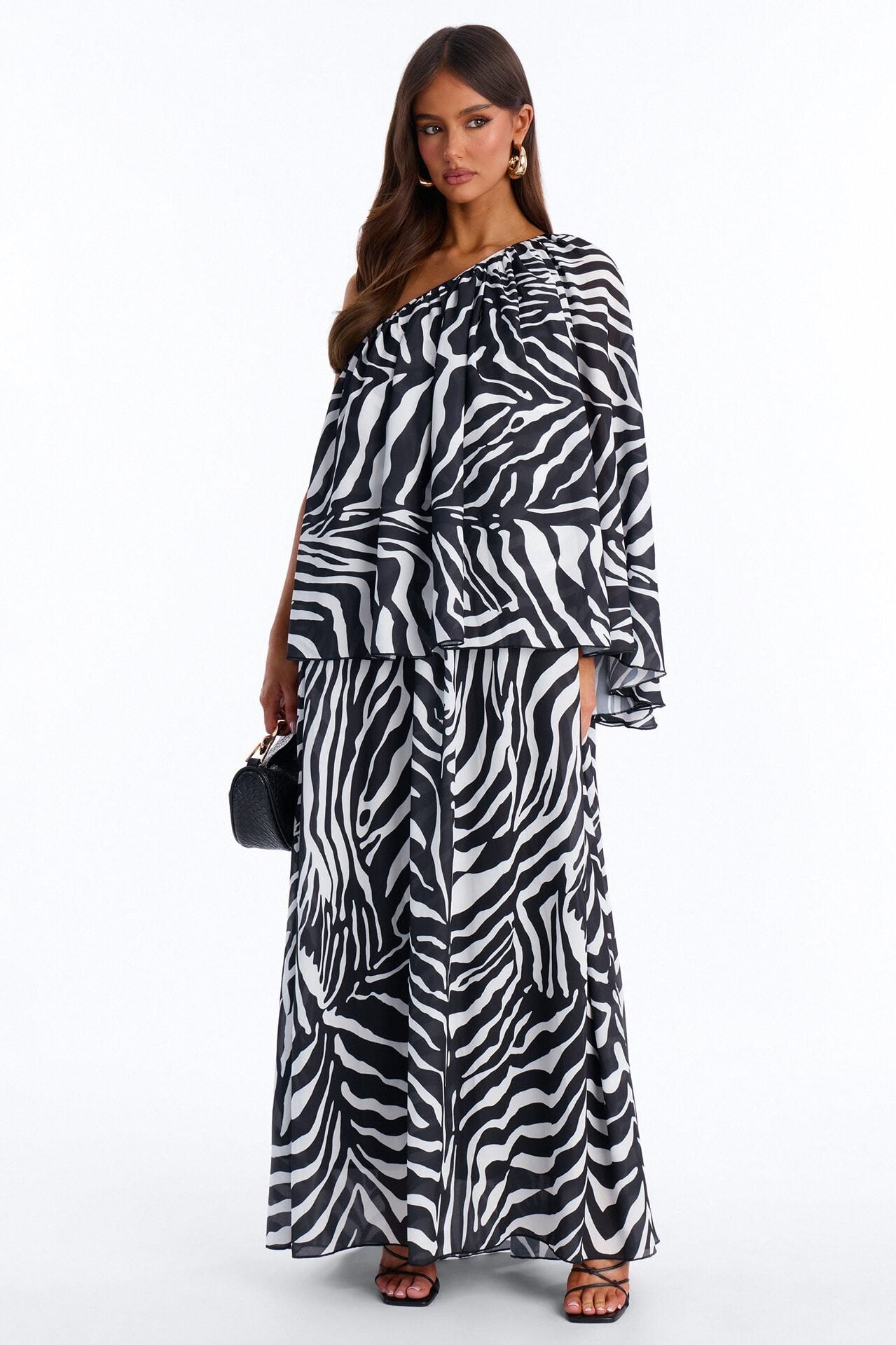 Corine One Shoulder Chiffon Maxi Dress - Black/White image 1
