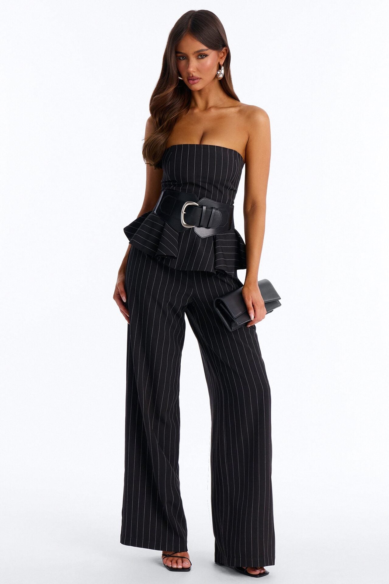 Jessa Pinstripe Belted Wide Leg - Black image 1