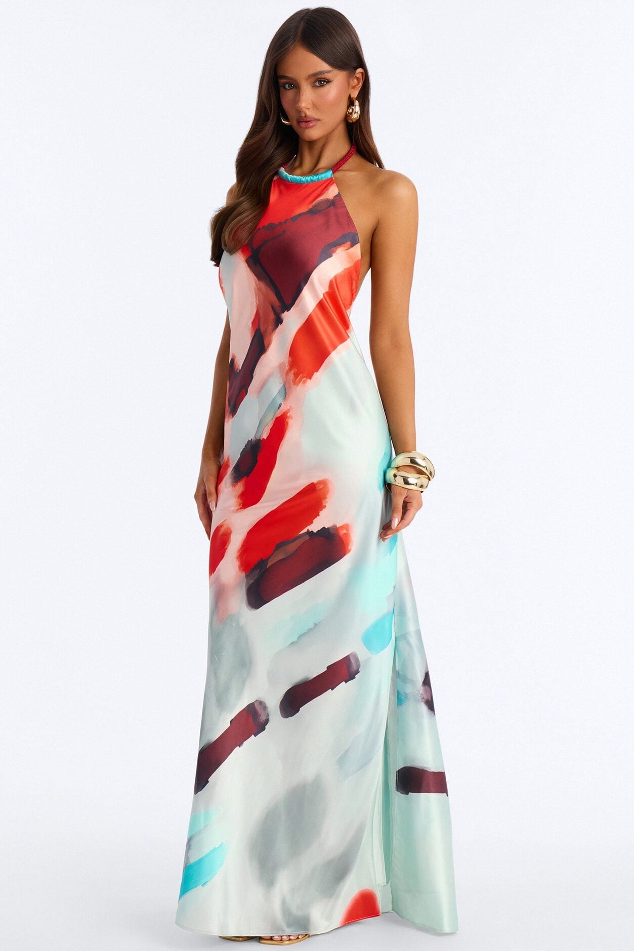 Coastal Vibe Backless Satin Maxi Dress - Red/combo image 1
