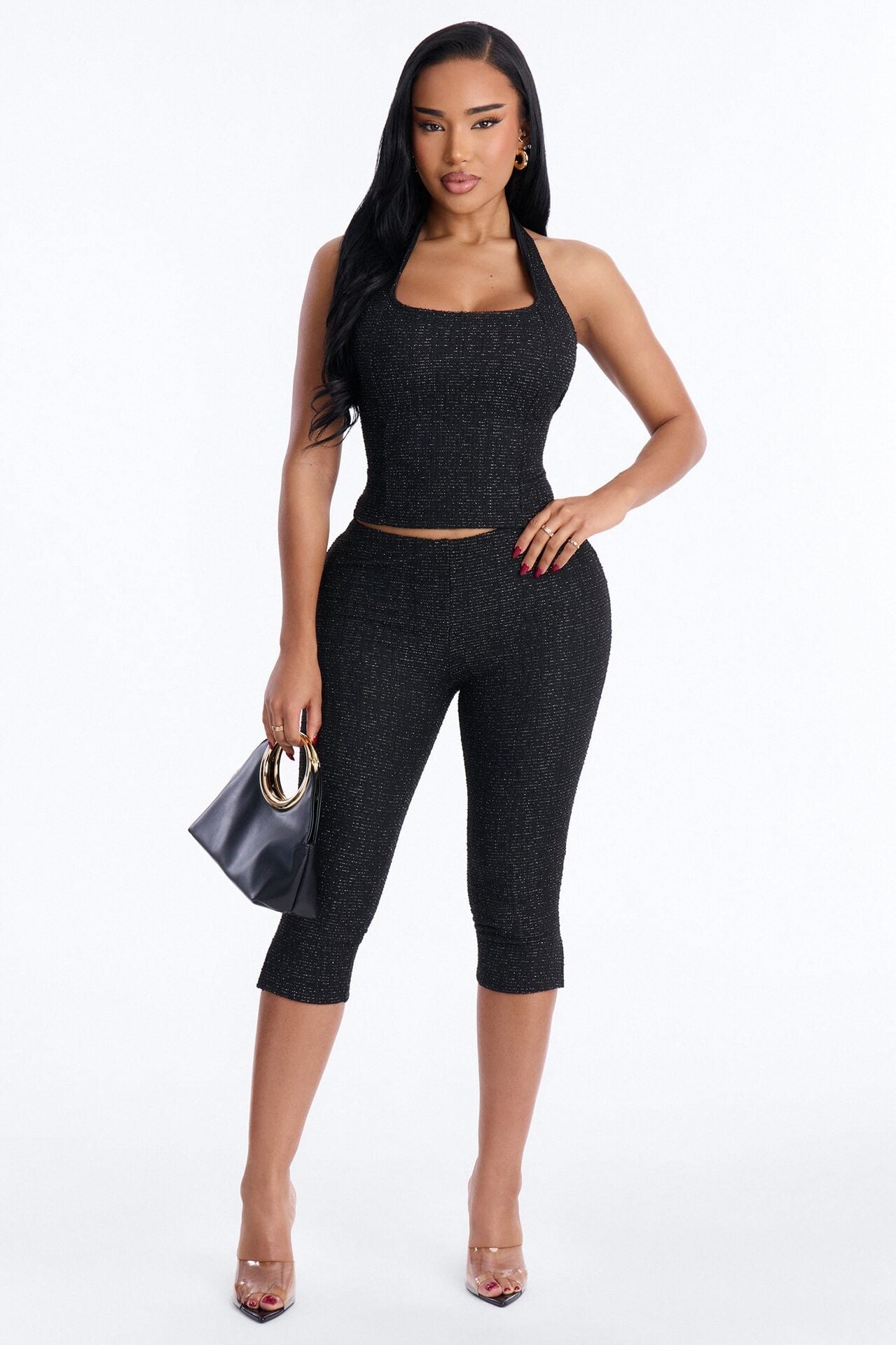 Keep My Promise Knit Tweed Capri Set - Black image 1