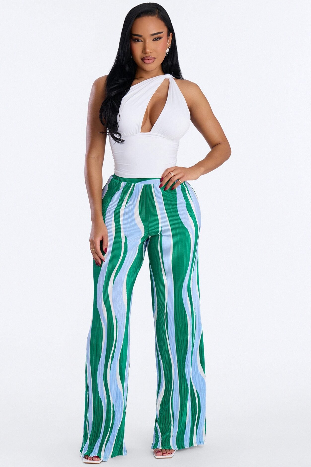 In The Tropics Abstract Plisse Wide Leg Pant 33″ - Green/combo image 1