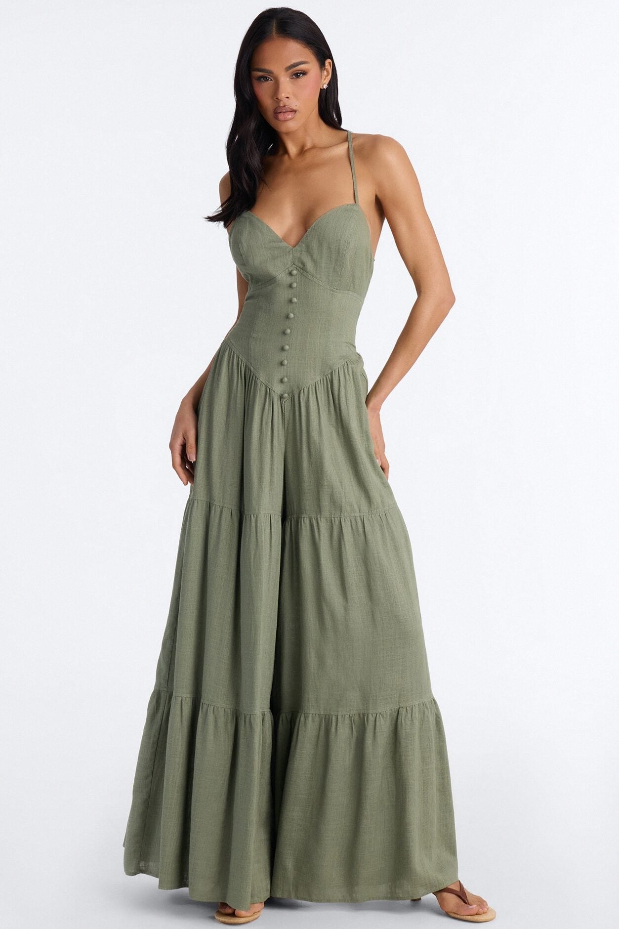 Belle Denim Tiered Wide Leg Jumpsuit - Olive image 1