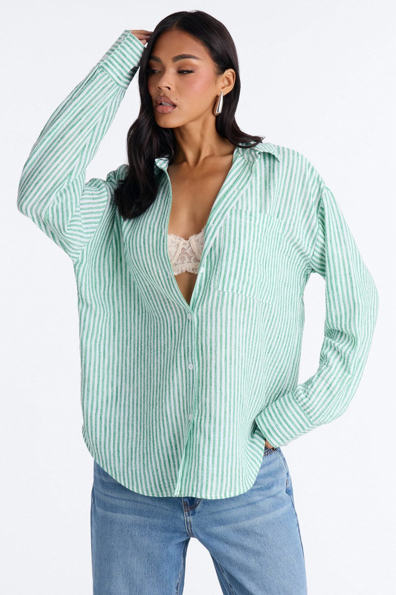 Fresh Cuteness Striped Linen Shirt - Green/combo image 1