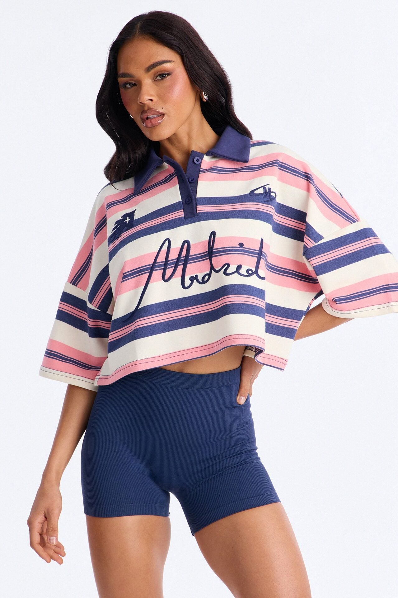 Madrid Stripe Cropped Polo Top - Navy/combo image 1