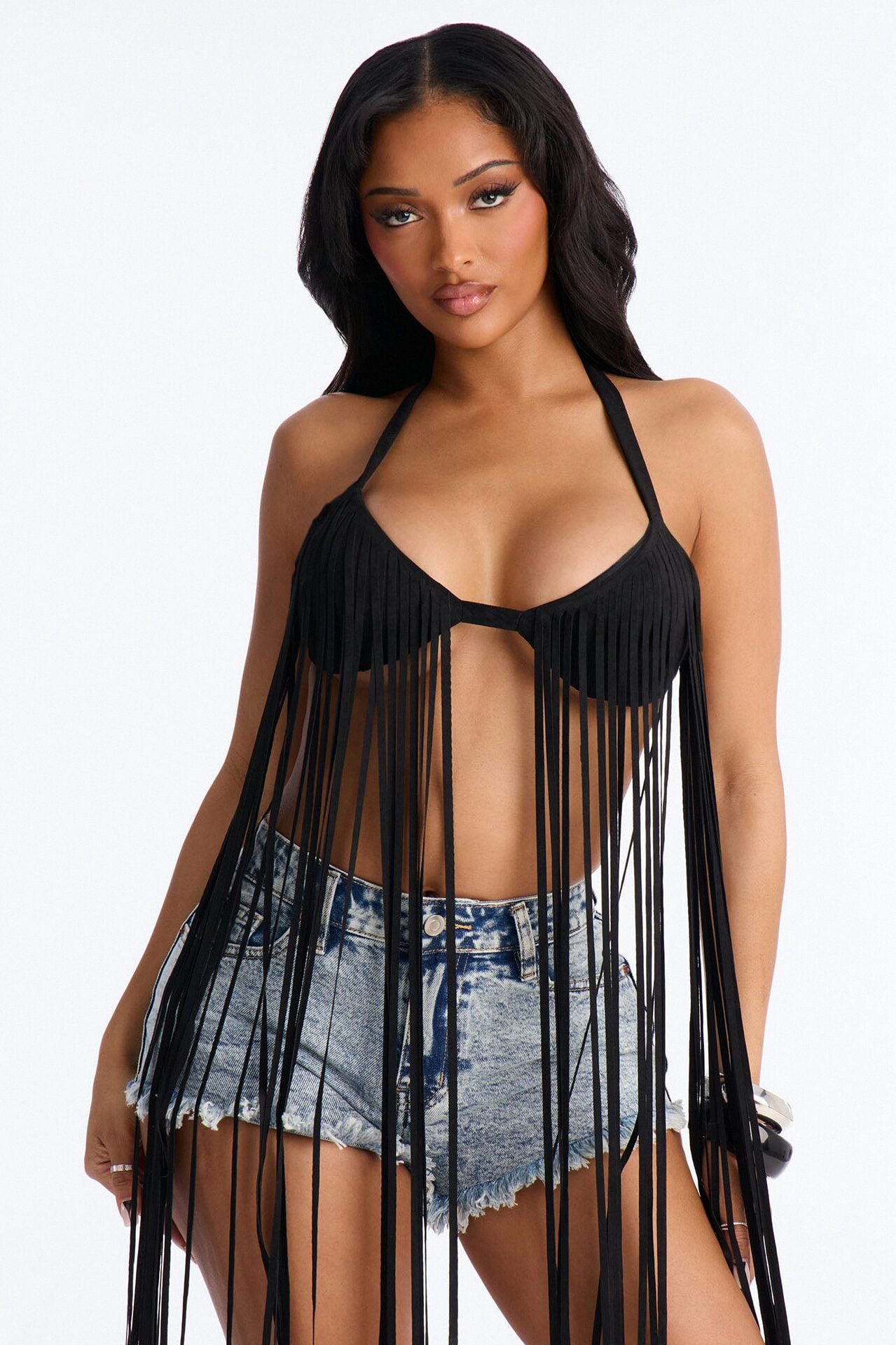 Stay Dramatic Fringe Halter Top - Black image 1