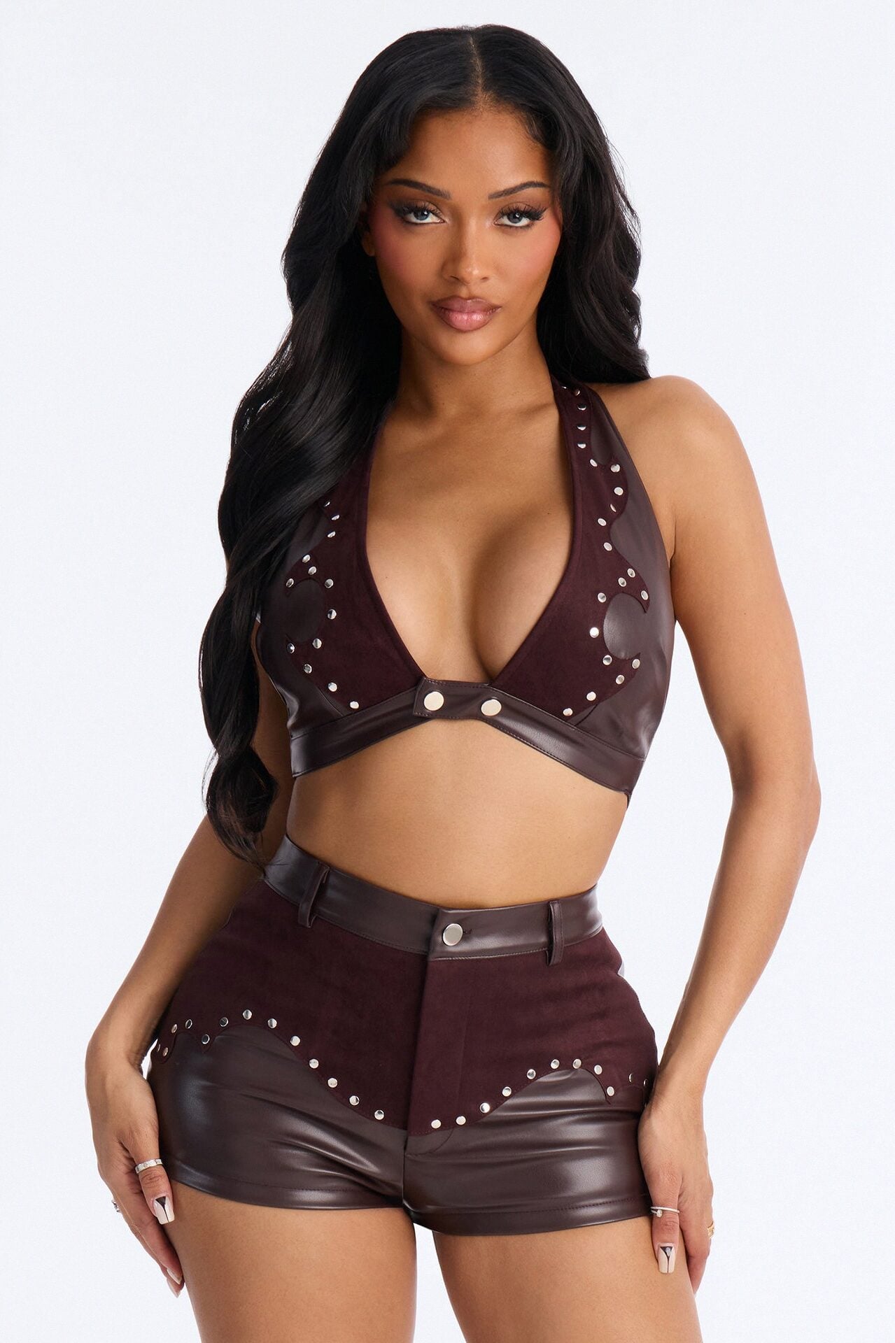 Saddle Up Studded Faux Leather Short Set - Chocolate image 1