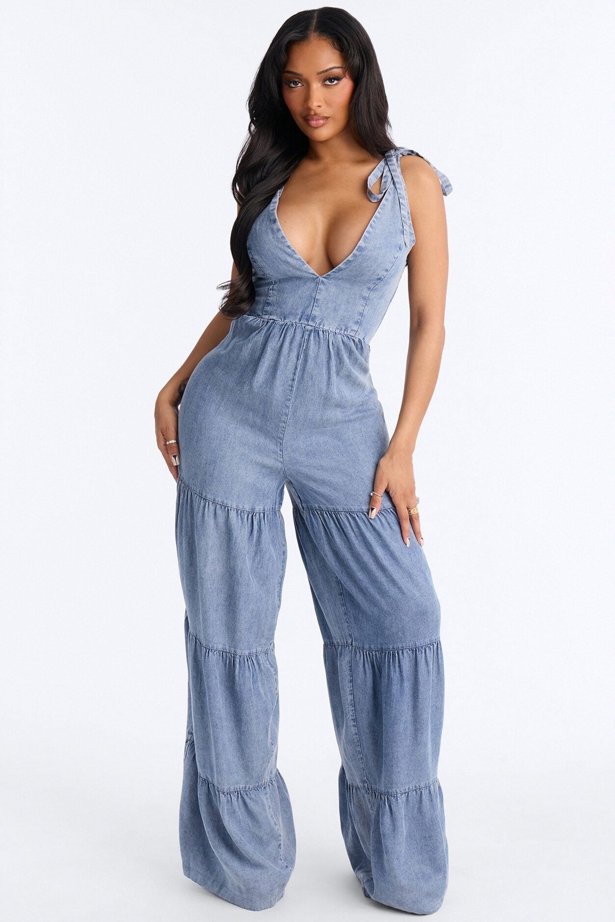 Keep Up Chambray Tiered Jumpsuit - Medium Wash image 1