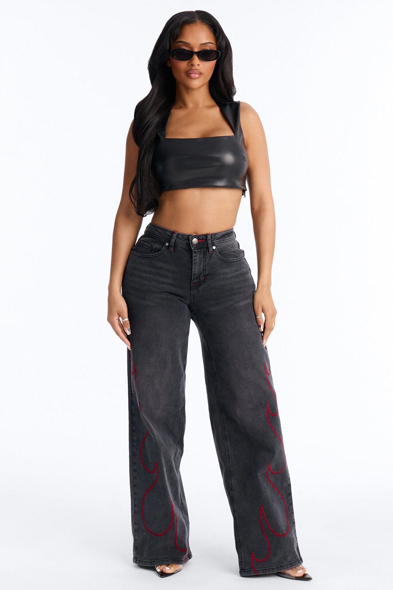 Ignite Old Flame Embroidered Wide Leg Jeans - Black Wash image 1