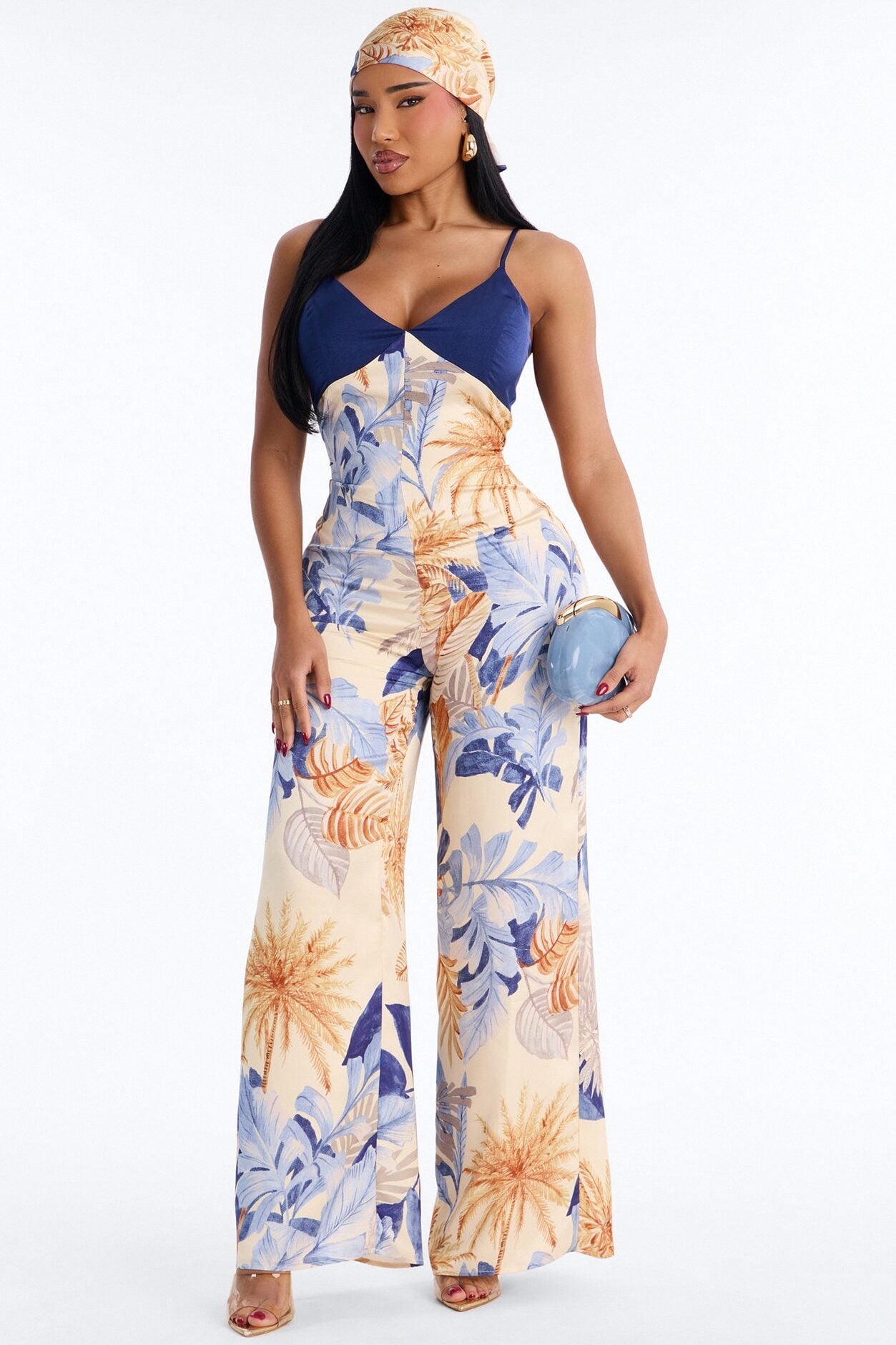Grenna Satin Jumpsuit And Head Scarf Set - Blue image 1