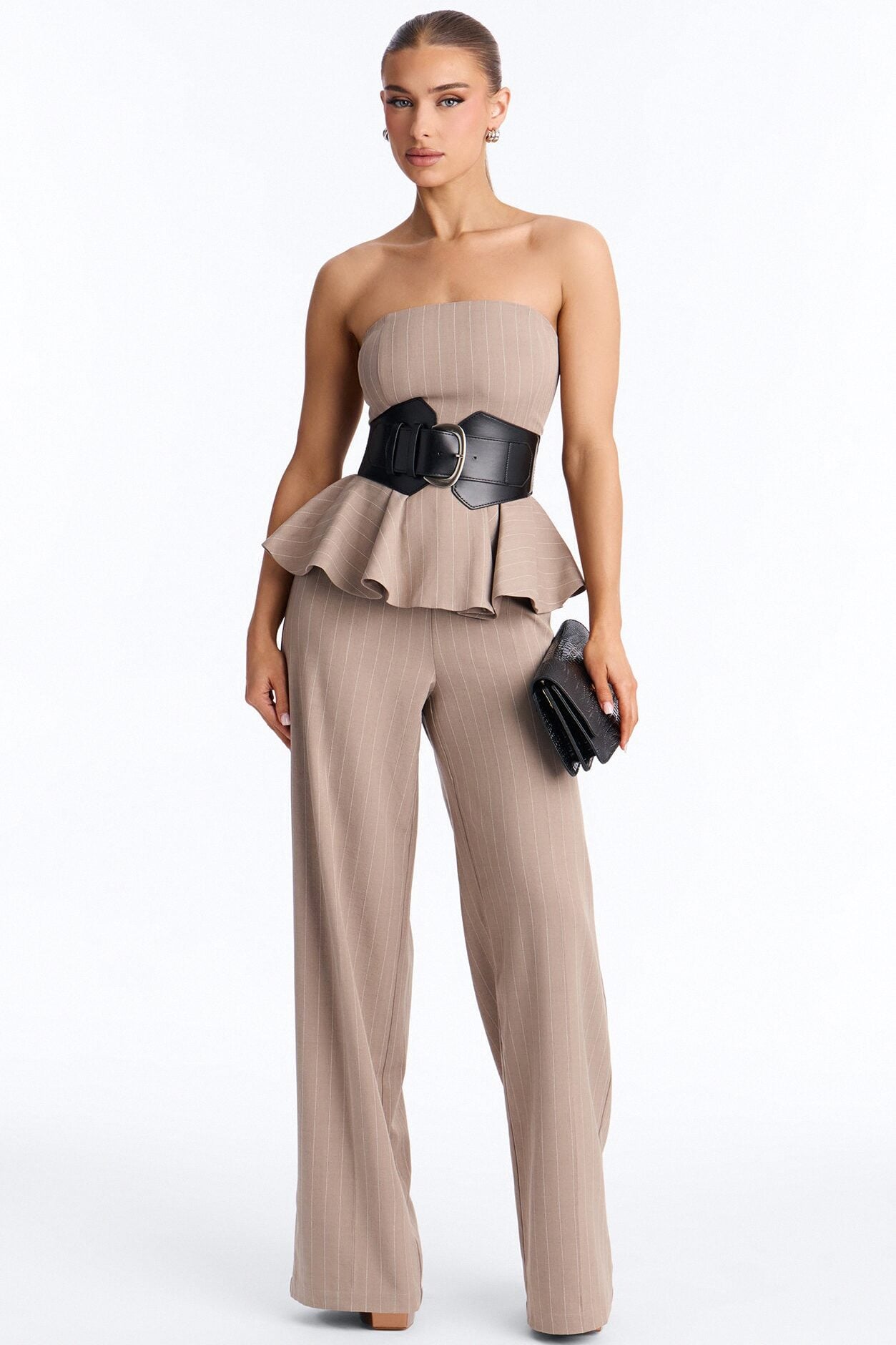 Jessa Pinstripe Belted Wide Leg - Taupe image 1