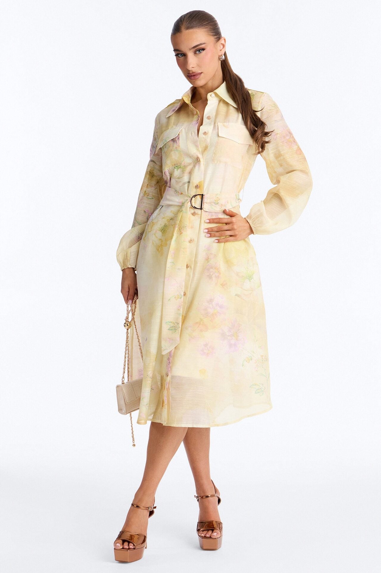 Ilaria Belted Floral Midi Dress - Yellow/combo image 1