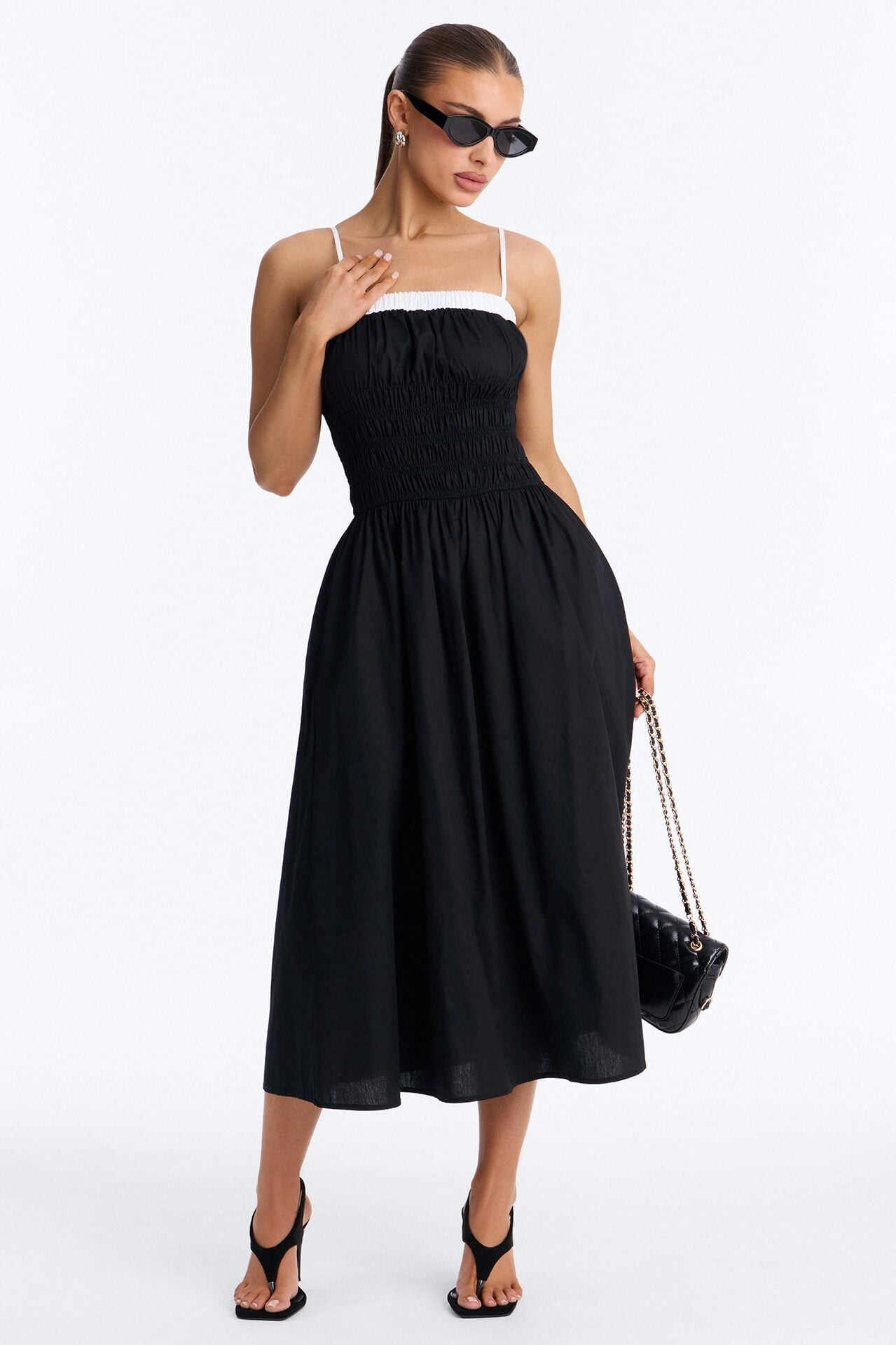 Sabrina Ruched Poplin Midi Dress - Black/White image 1