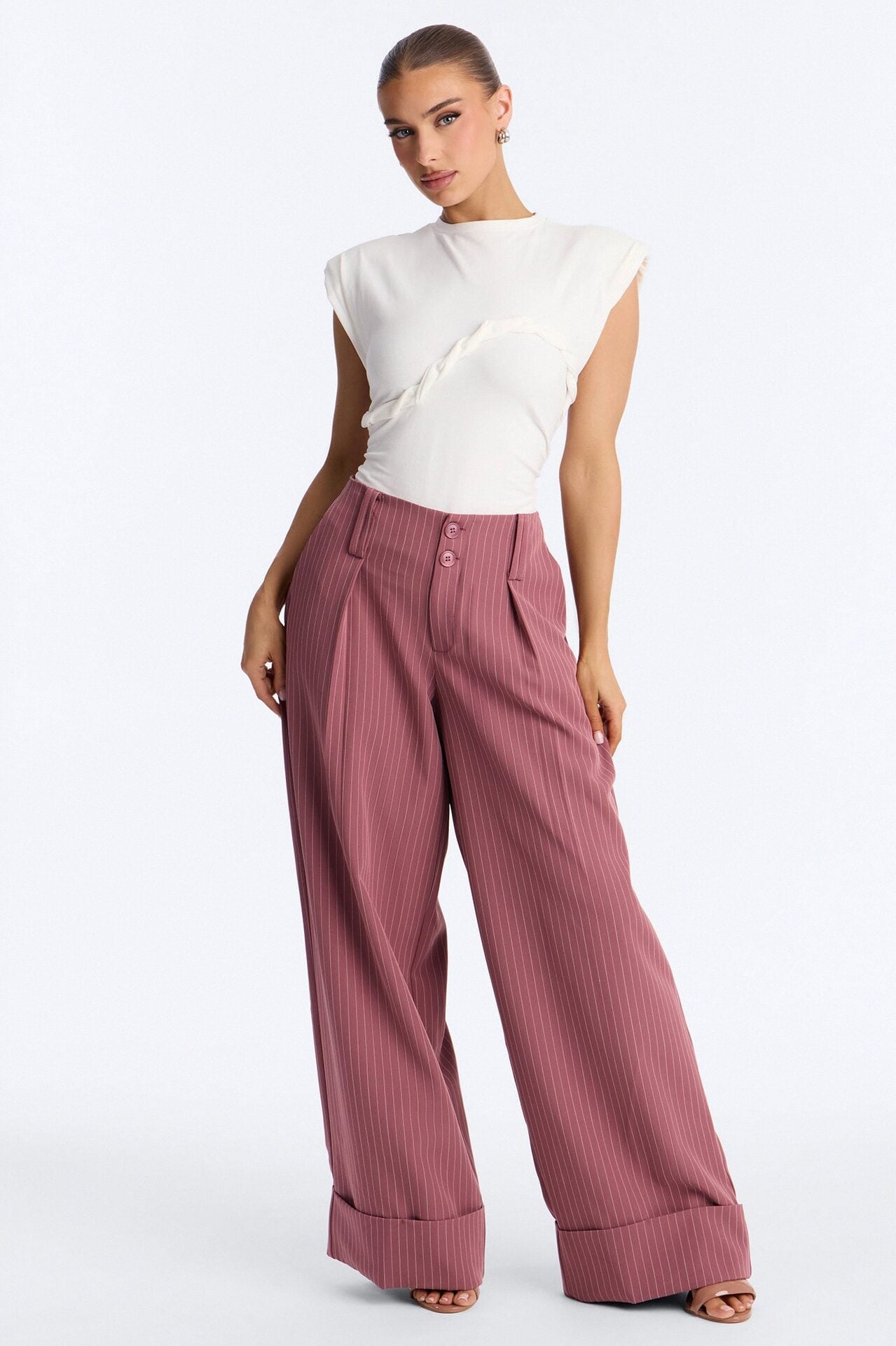 Adalyn Mid Rise Pinstripe Wide Leg Trouser Pant 33″ - Mauve image 1