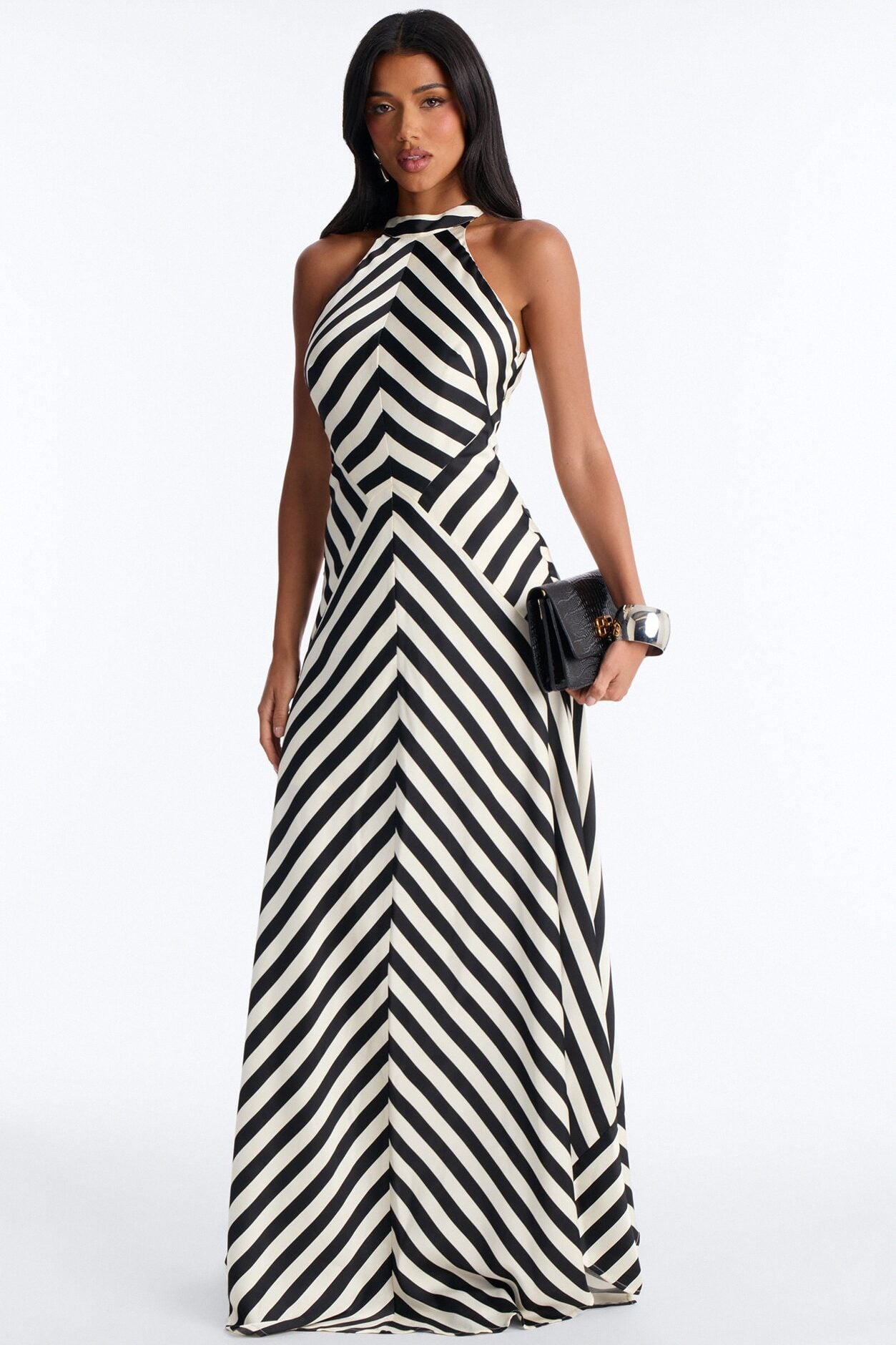 Delilah Striped Satin Maxi Dress - White/Black image 1