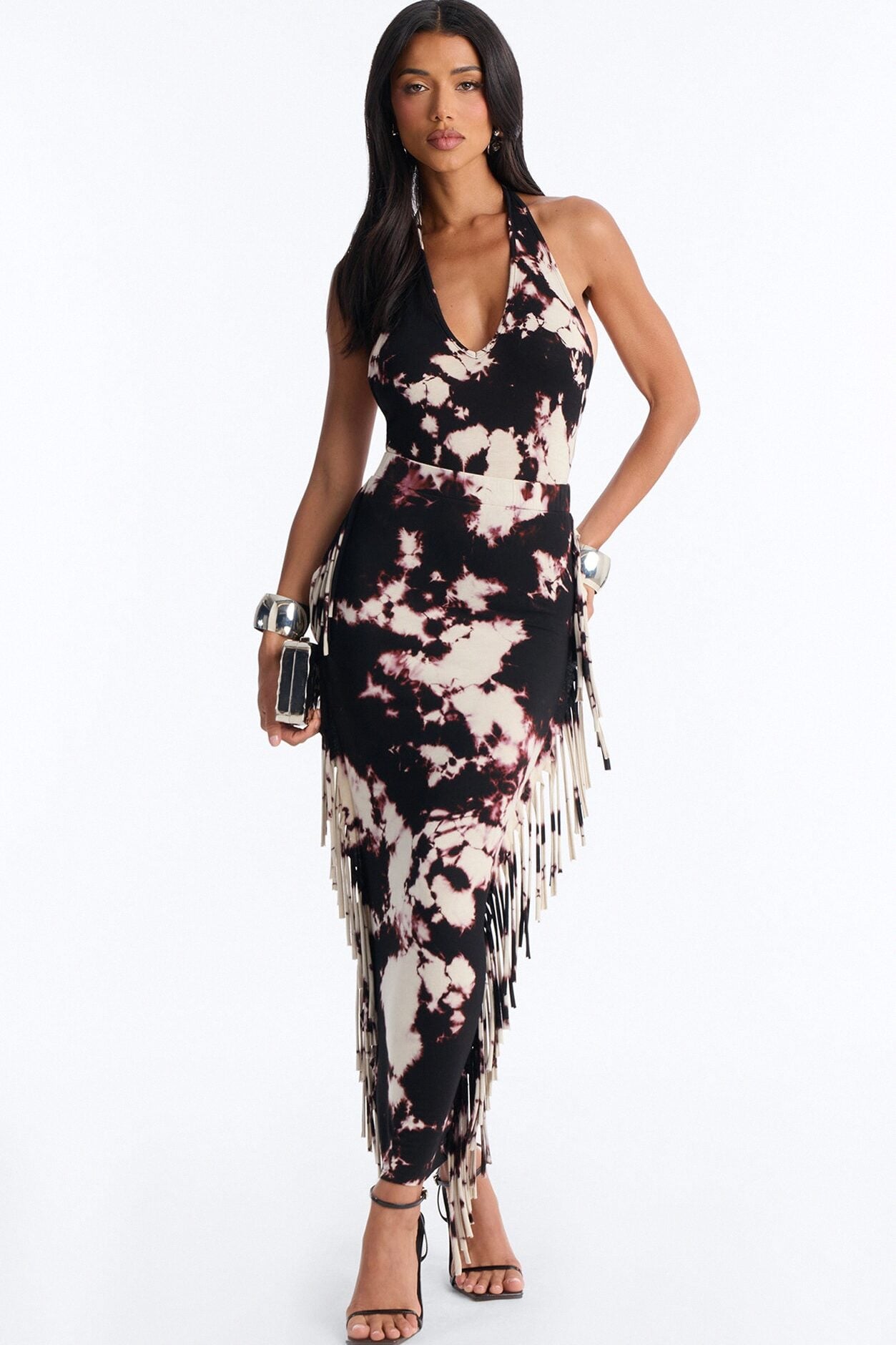 Morelia Fringe Bodysuit Maxi Skirt Set - Black image 1