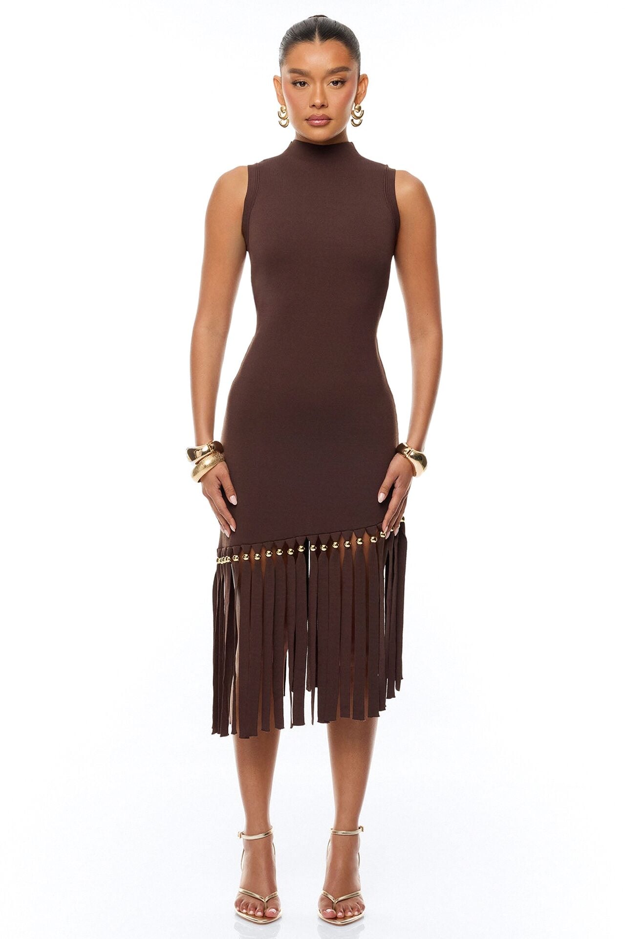 Jordyn Fringe Trim Midi Dress - Chocolate image 1