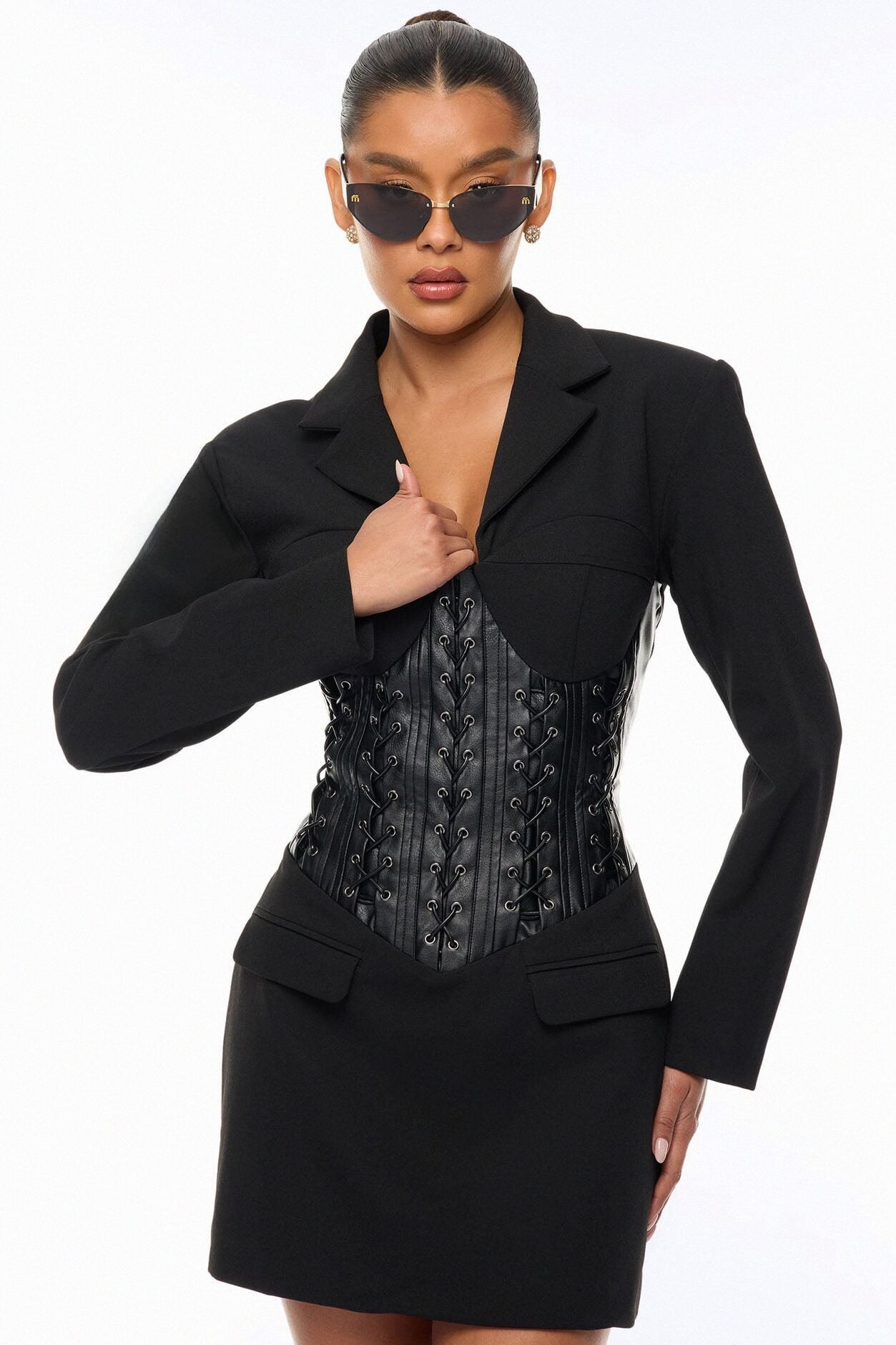 All Business Lace Up Blazer Mini Dress - Black image 1