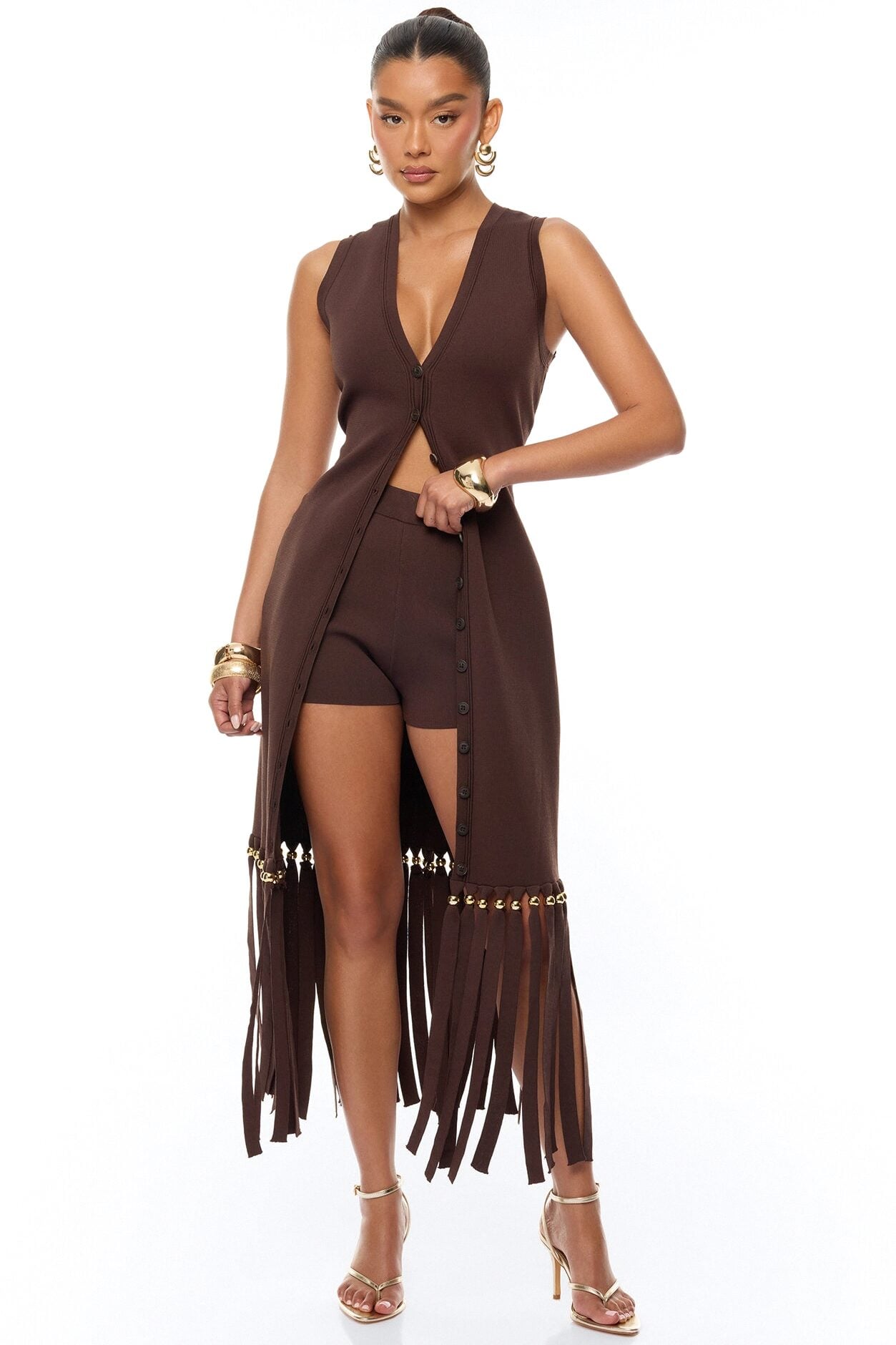Jordyn Fringe Trim Maxi Vest - Chocolate image 1