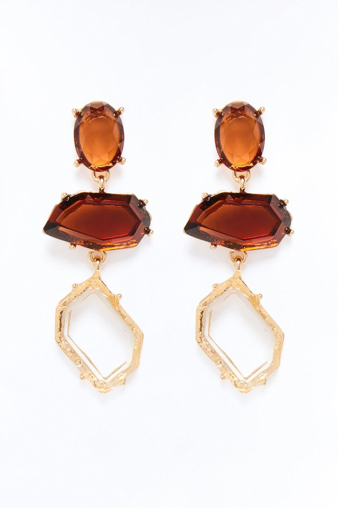 Earthy Smoky Jeweled Drop Earrings - Gold/Brown image 1