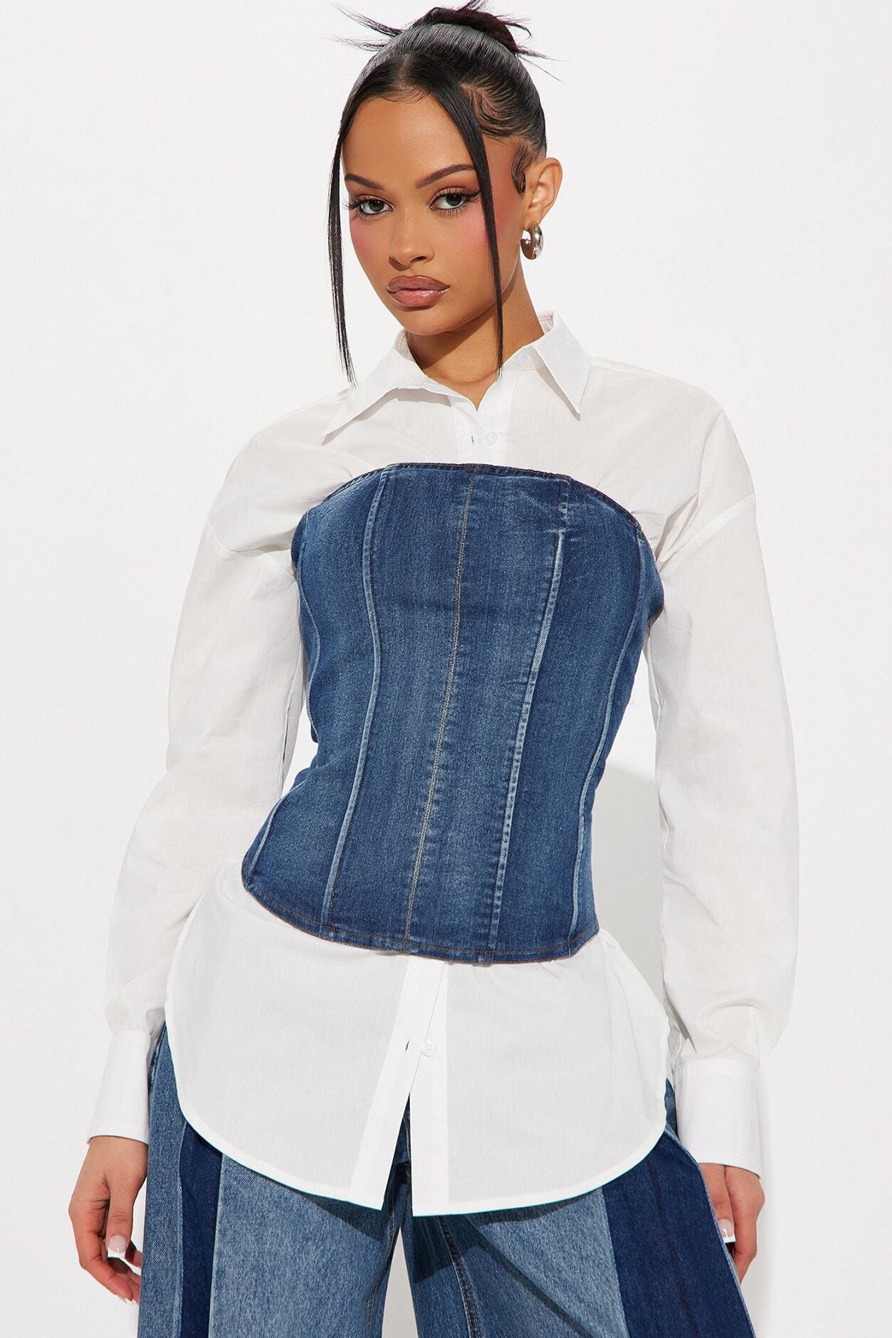 No Attitude Shirt Corset Top - White/Blue image 1