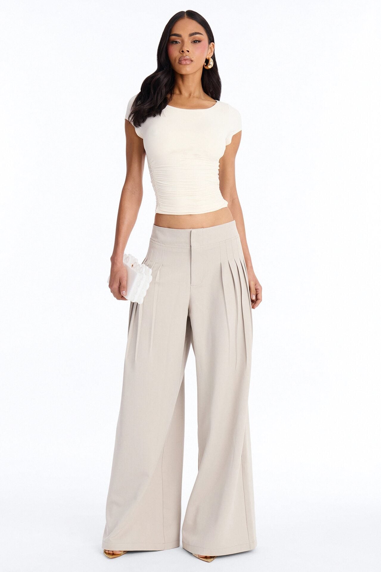 Adele Pleated Wide Leg Trouser Pant 33″ - Stone image 1