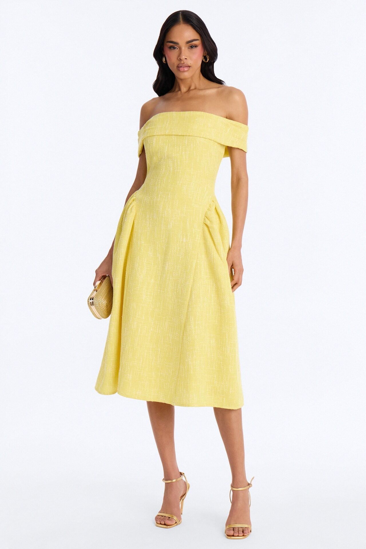 Paisley Off Shoulder Tweed Midi Dress - Yellow image 1