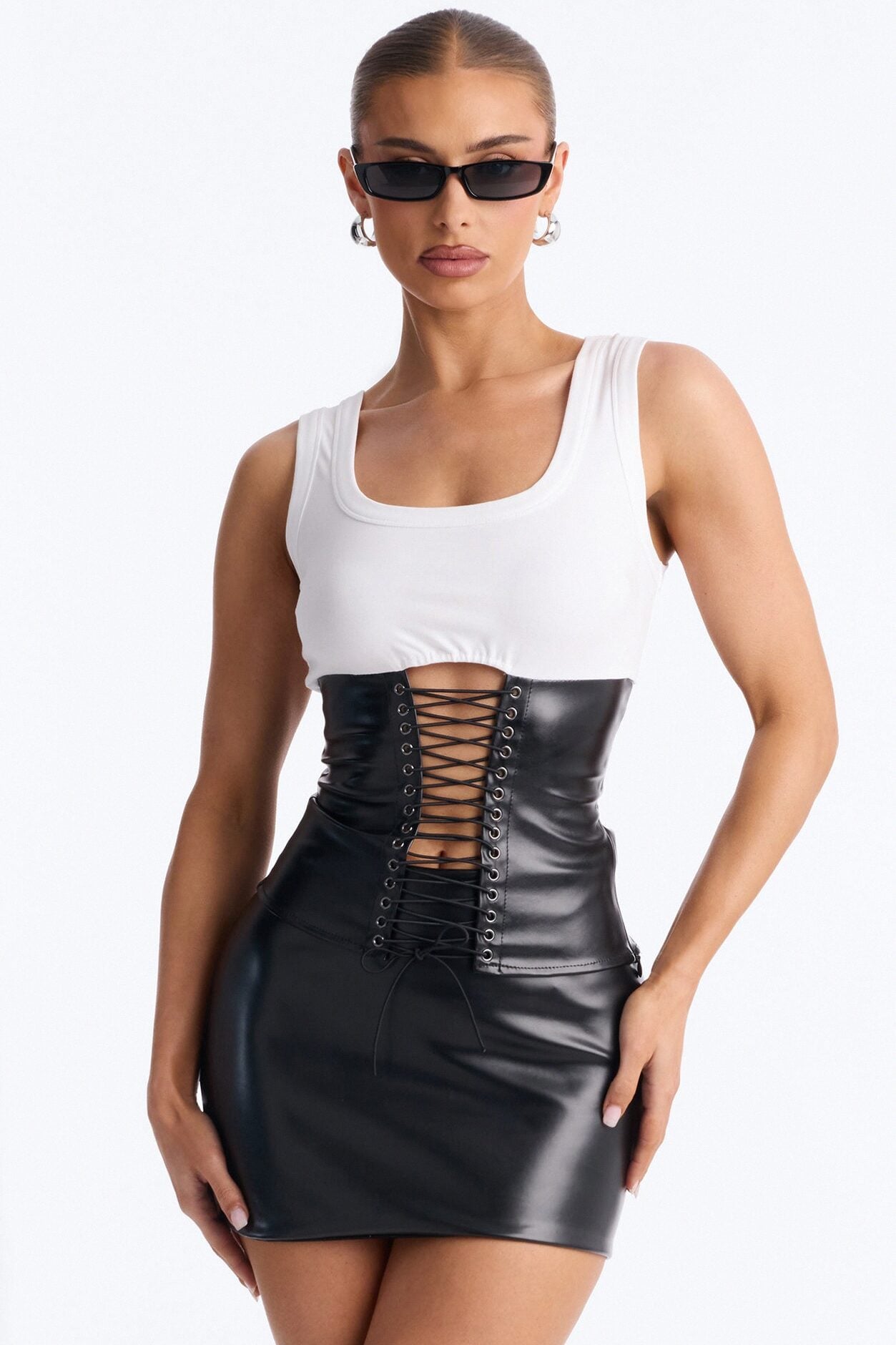 No Apologies Faux Leather Lace Up Tank Top - White/Black image 1