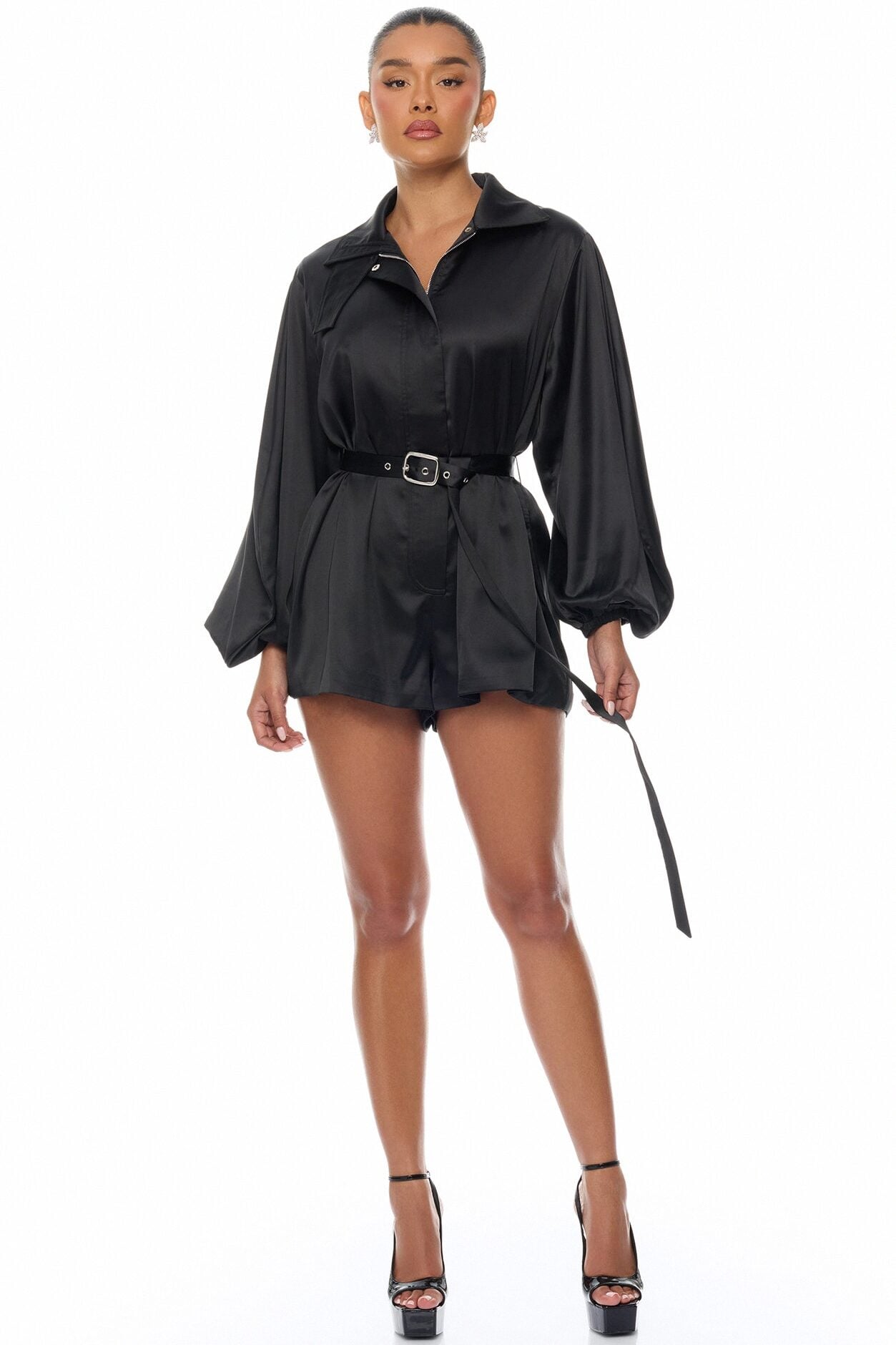 Izabel Balloon Sleeve Satin Romper - Black image 1
