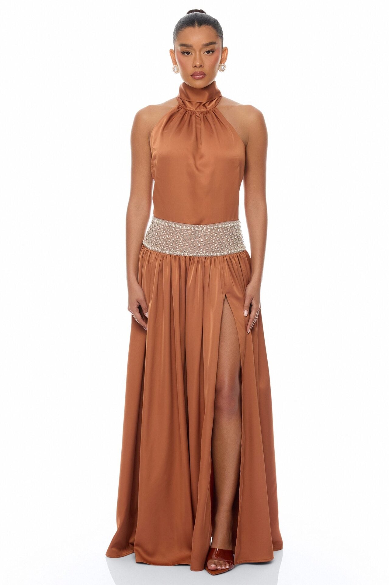 Anya Embellished Satin Maxi Dress - Bronze image 1