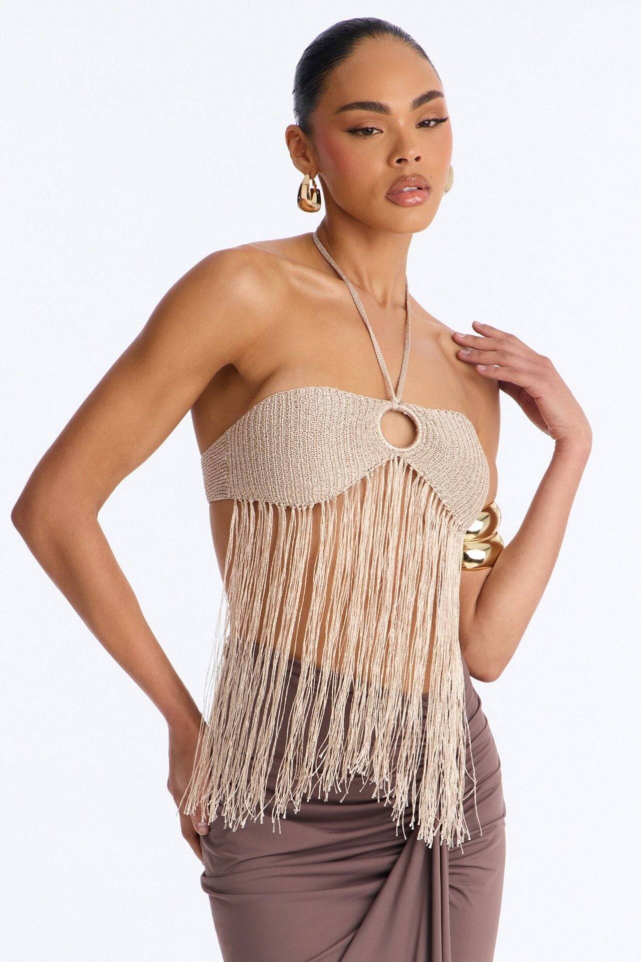 Island Dream Metallic Fringe Crochet Halter Top - Taupe image 1
