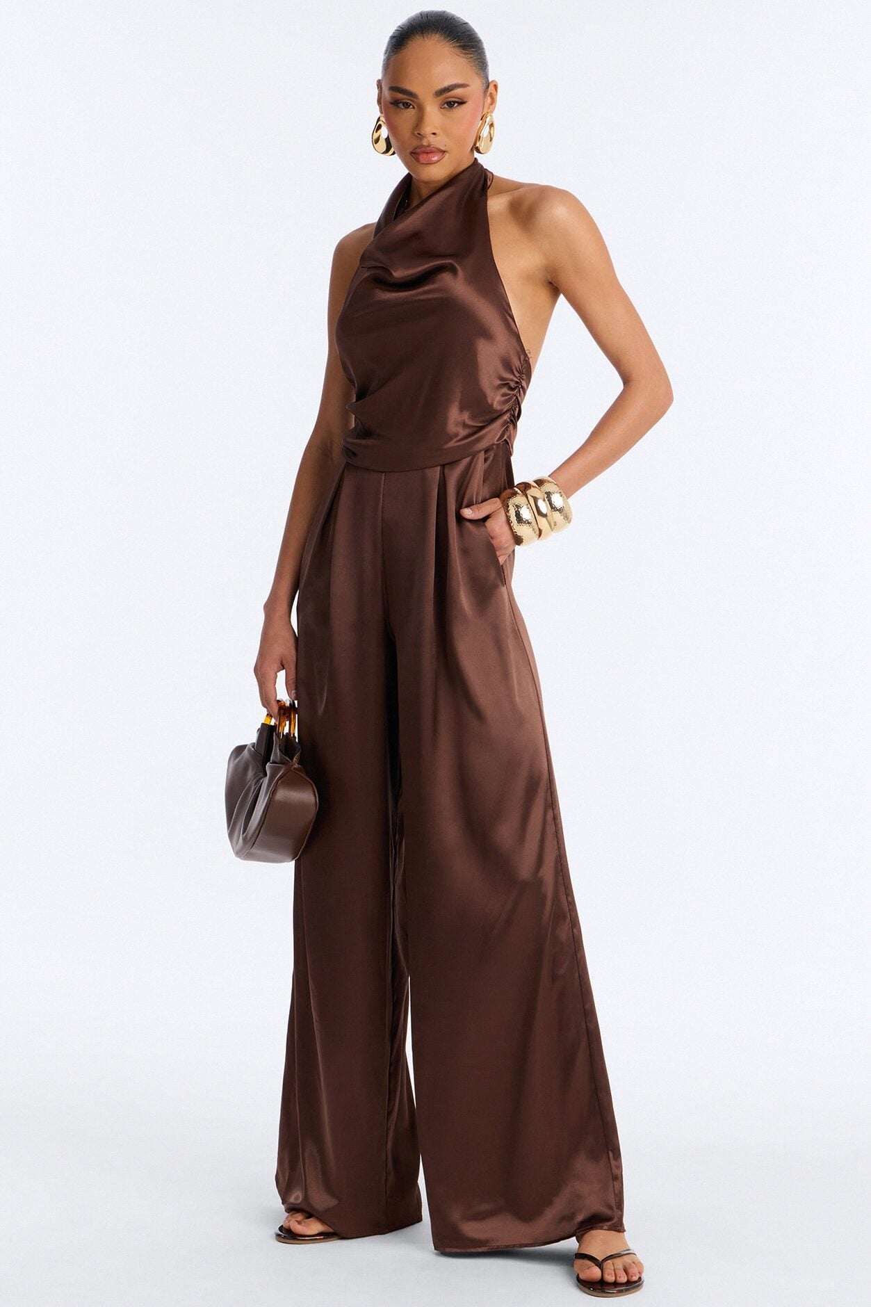 Valeria Satin High Neck Halter Jumpsuit - Chocolate image 1