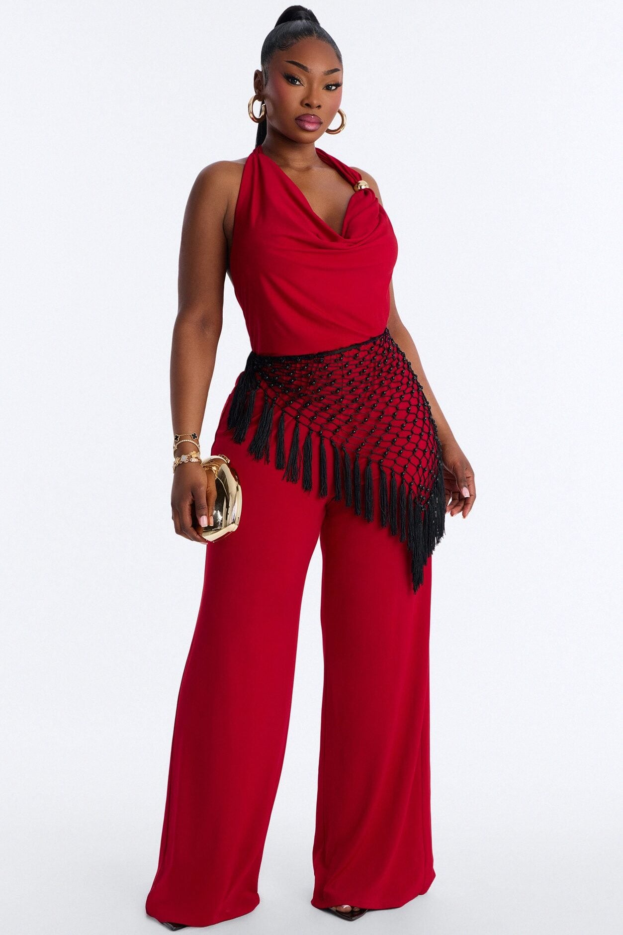 Ilaria Jumpsuit And Beaded Waist Scarf - Red image 1