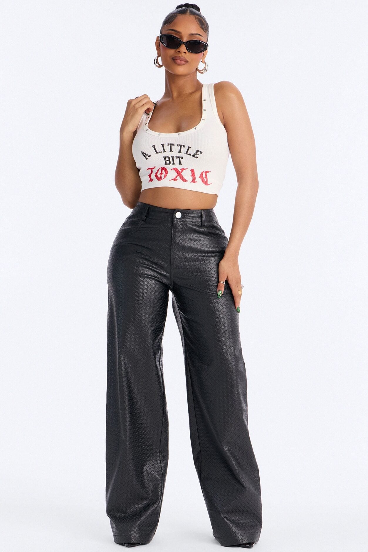 Jewel Mid Rise Weave Embossed Faux Leather Wide Leg Pant - Black image 1