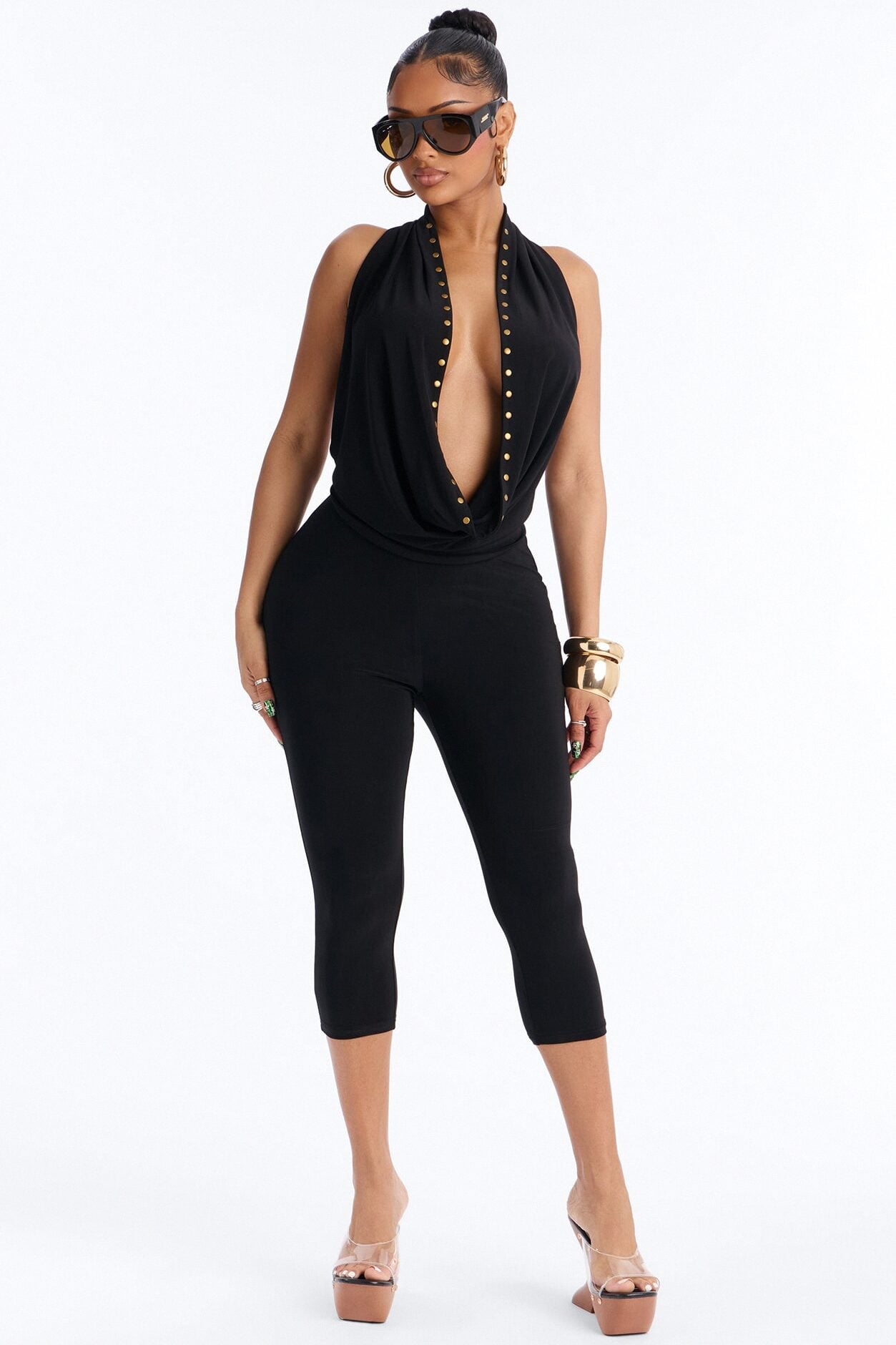 Jade Cowl Neck Studded Capri Pant Set - Black image 1