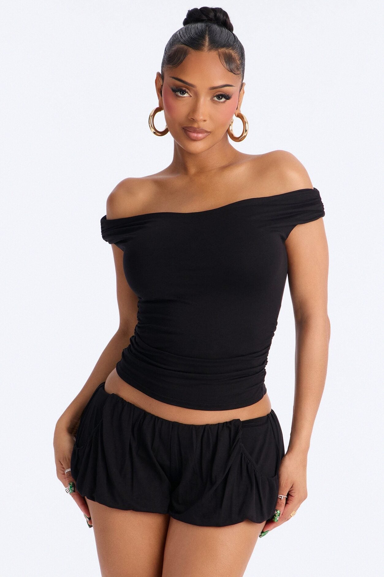 Kennedy Off Shoulder Bubble Short Set - Black image 1