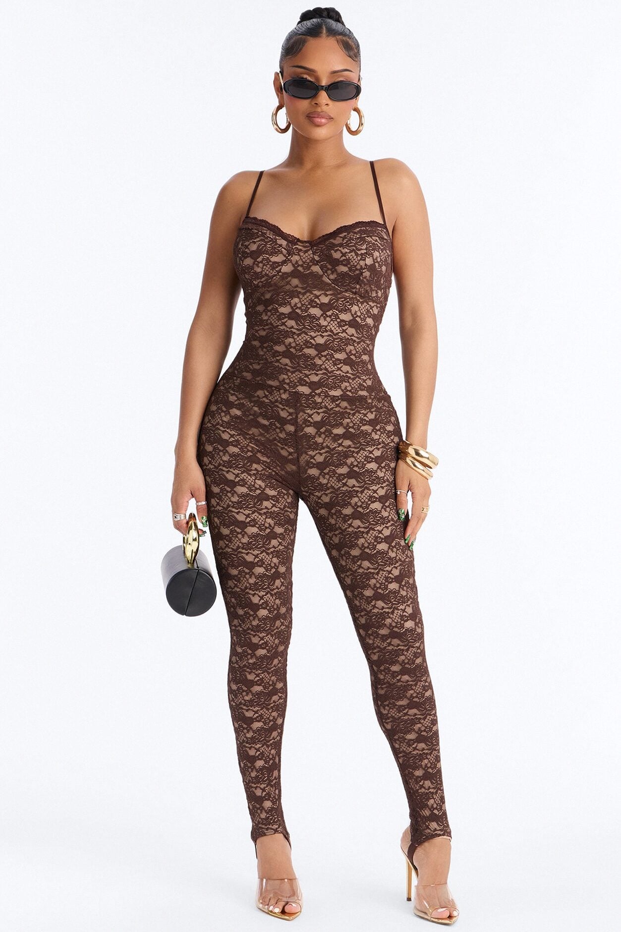 Zuri Lace Catsuit With Stirrup - Chocolate image 1