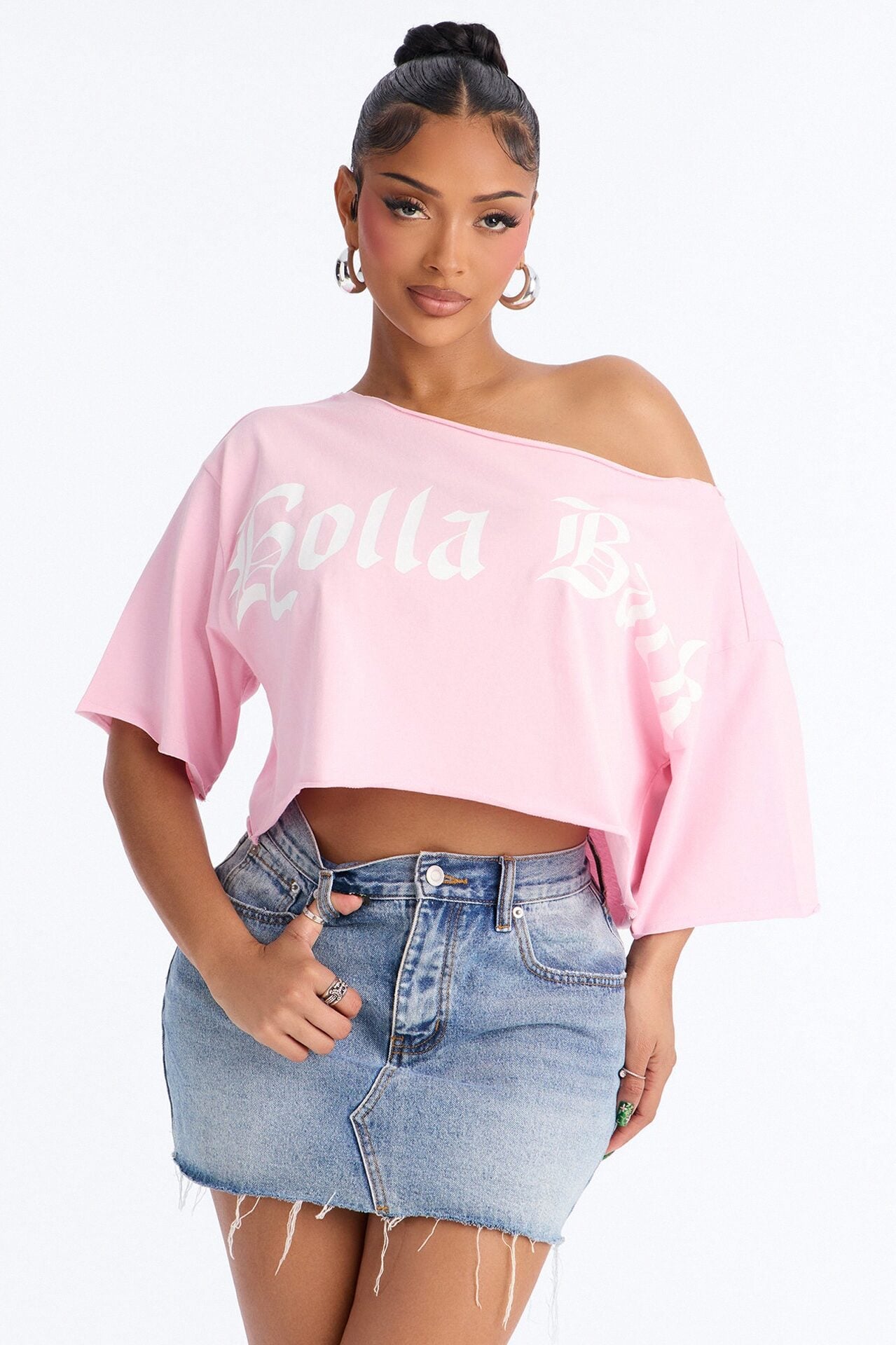 Holla Back Off Shoulder Crop Top - Pink image 1