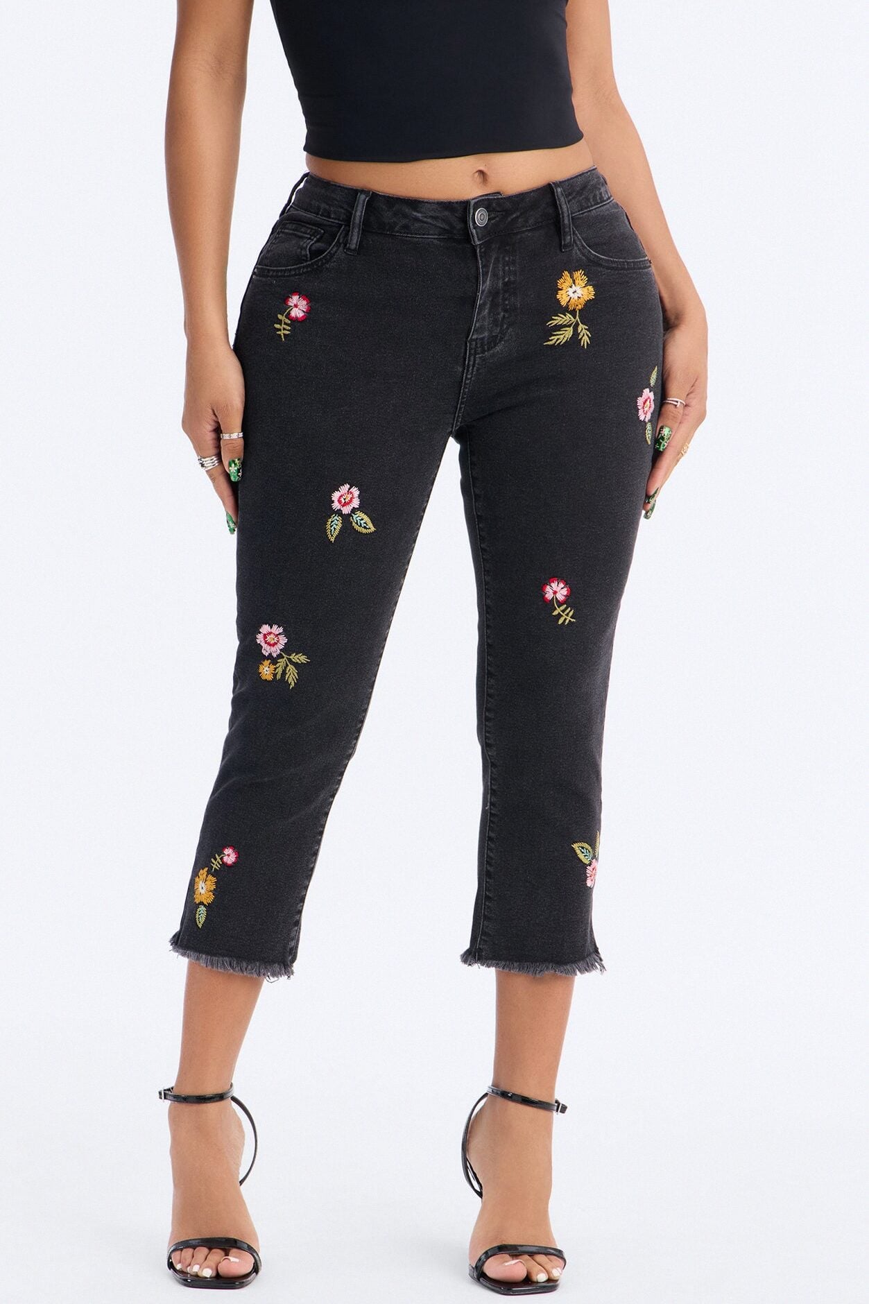 Flower Picker Embroidered Capri Jeans - Black Wash image 1