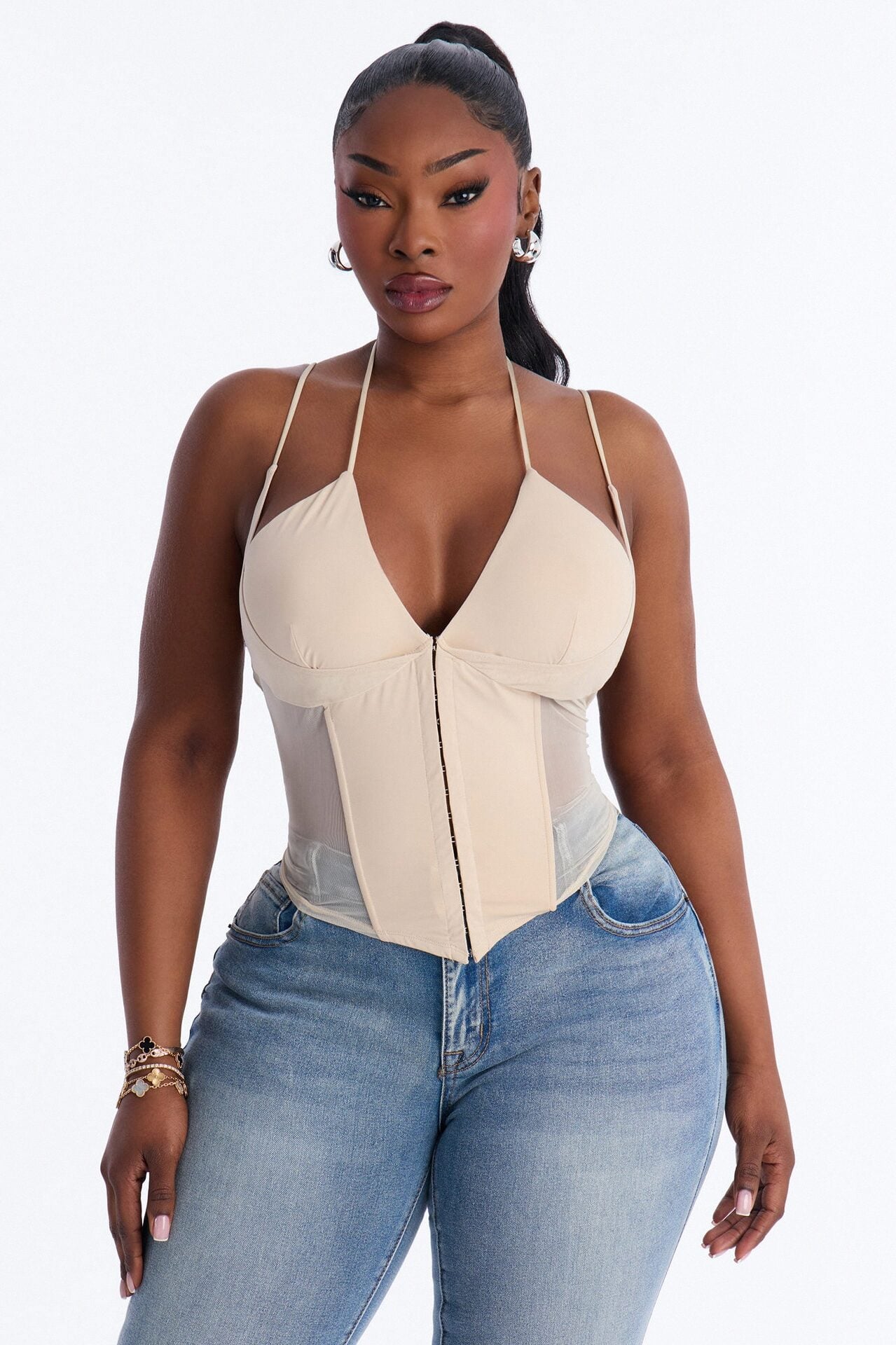 Amaya Mech Cut Out Corset Top - Stone image 1