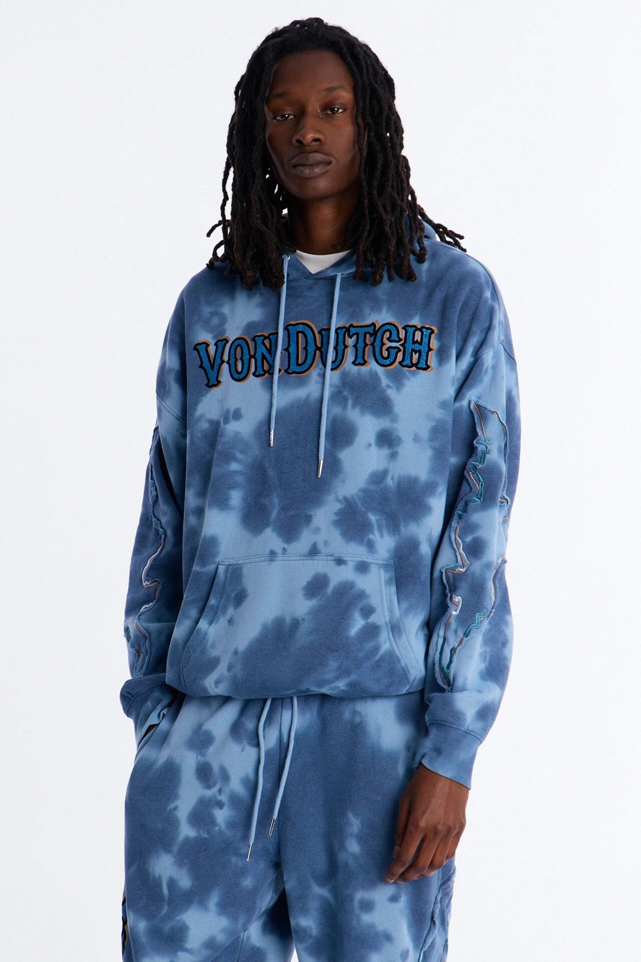 Von Dutch Outlaw Bleach Dyed Raw Edge Hoodie - Blue image 1