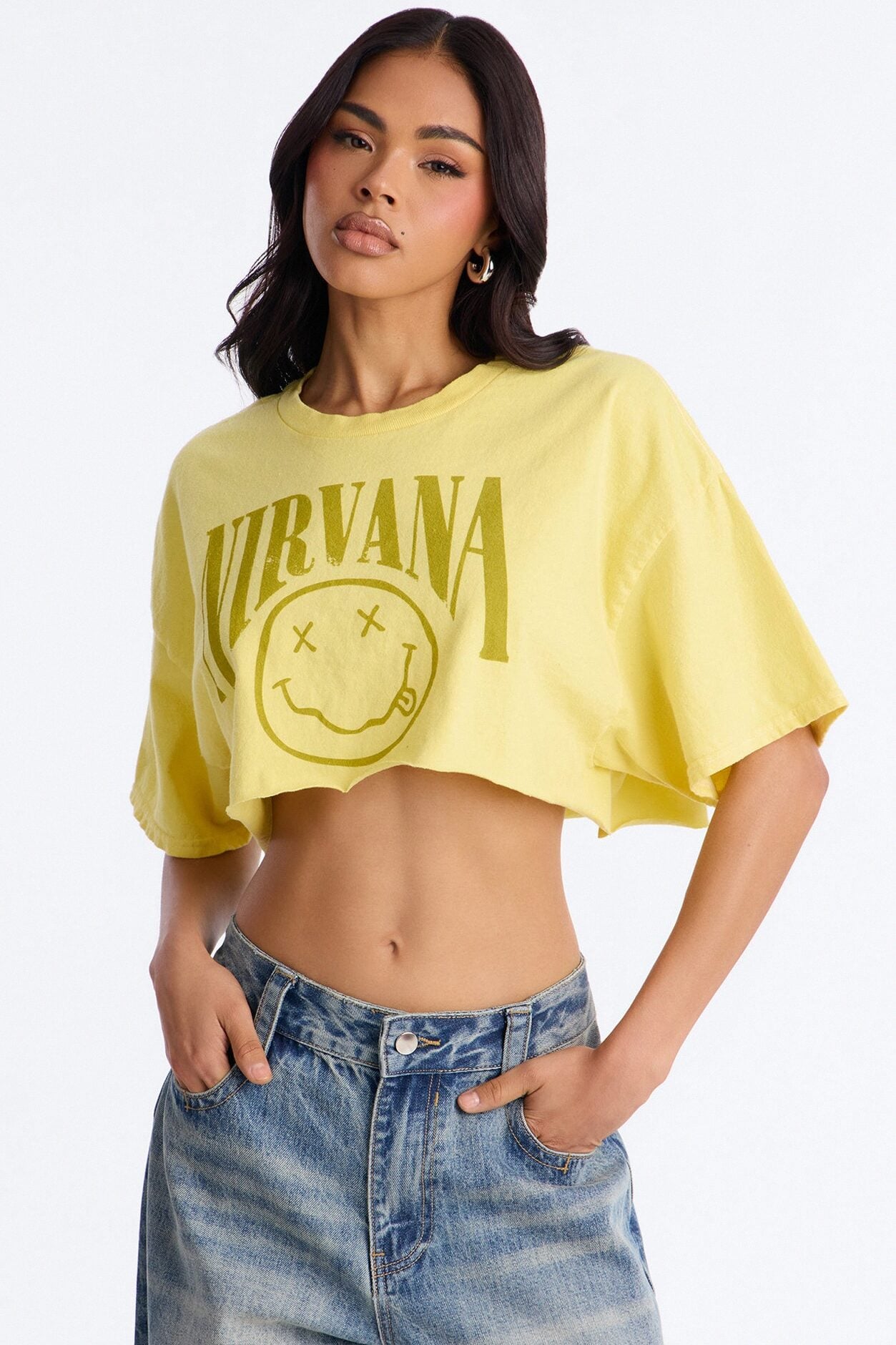 Nirvana Smiley Washed Cropped Tee - Yellow image 1