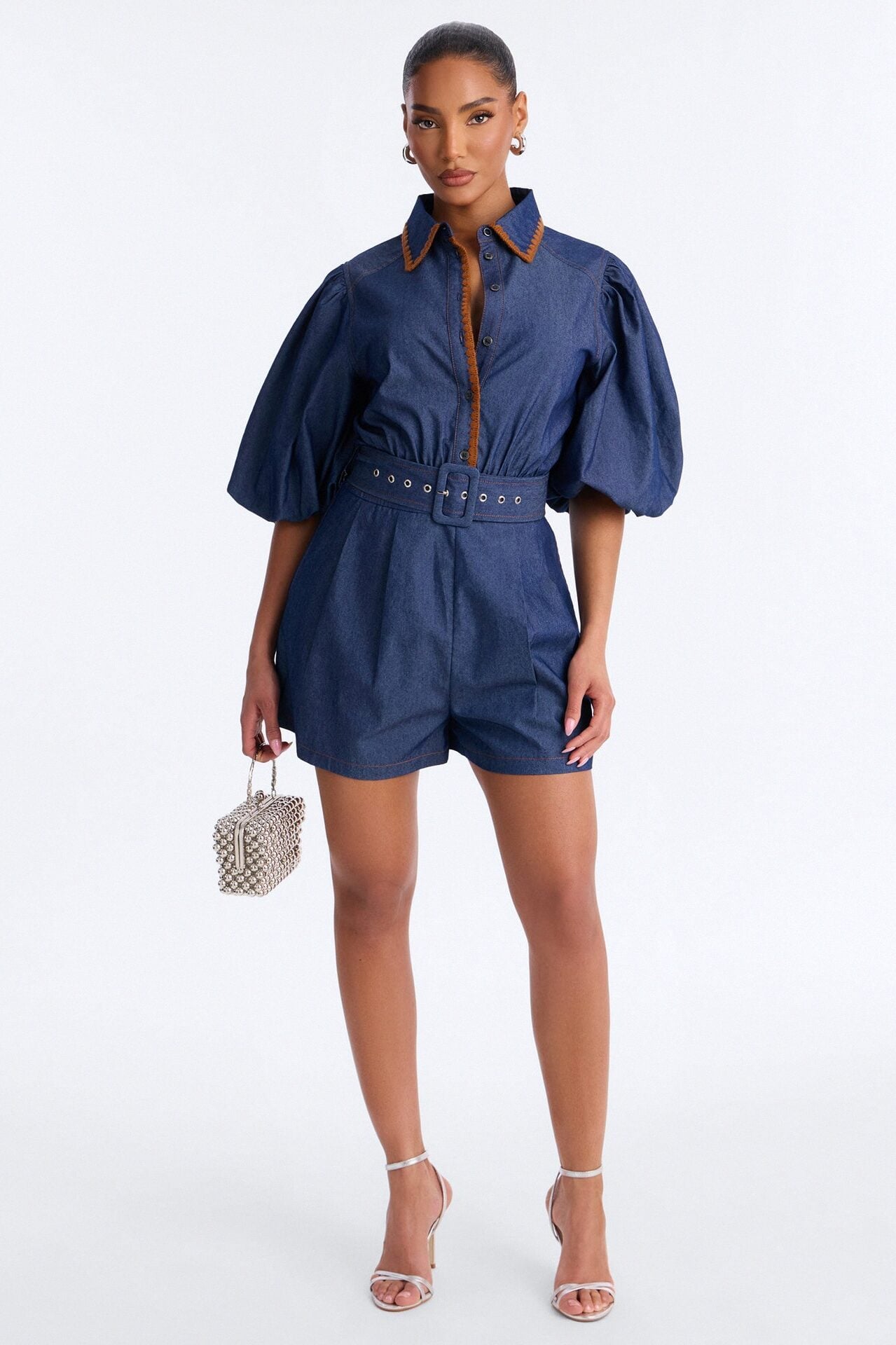 Jaika Denim Embroidered Romper - Dark Wash image 1