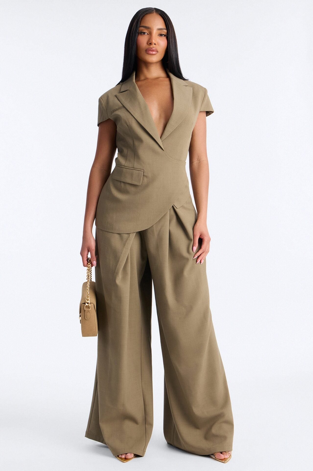Tiana Pleated Wrap Waist Wide Leg Trouser - Caffe image 1