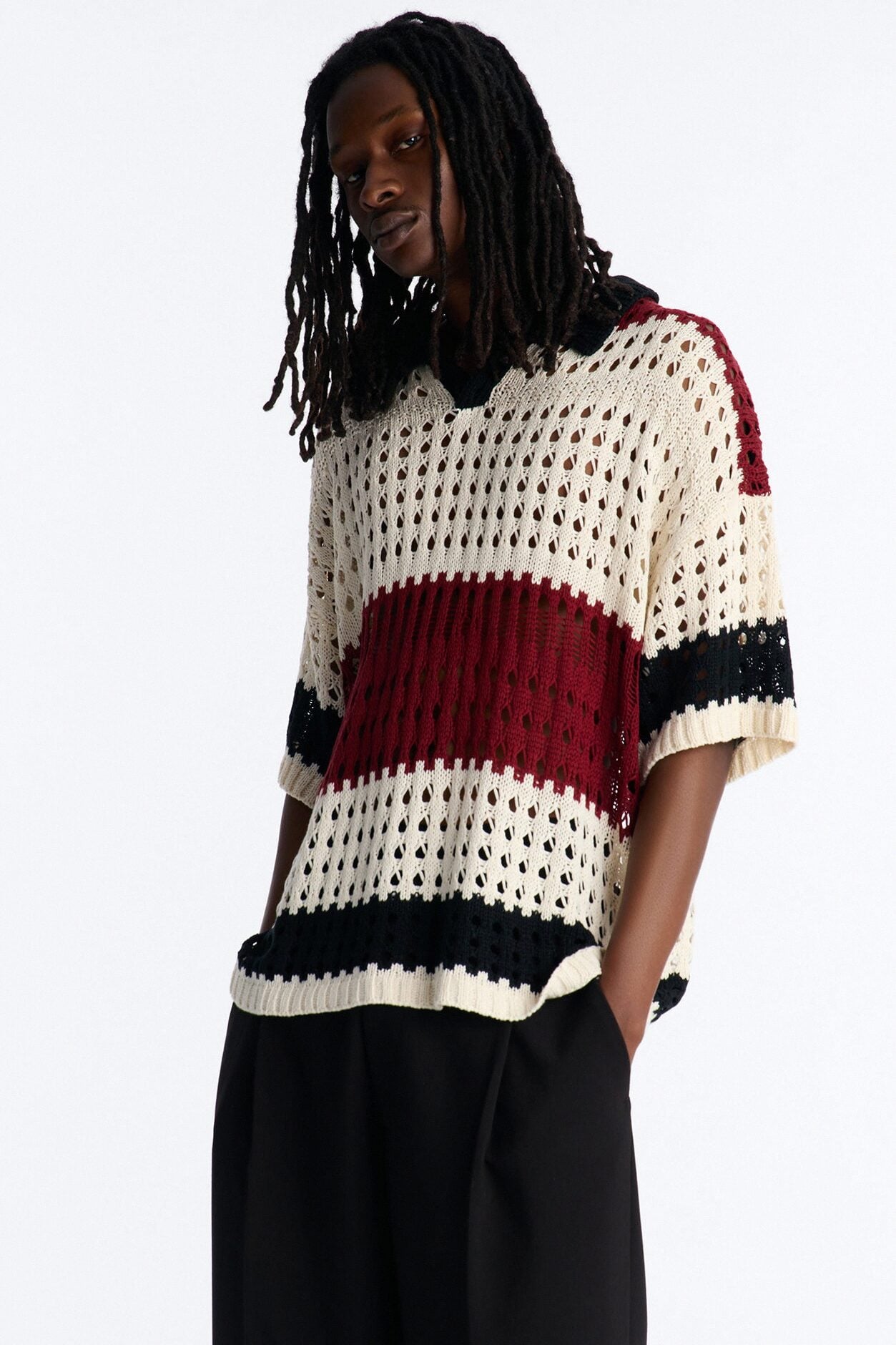 Weathered Stripe Knitted Polo - Burgundy image 1