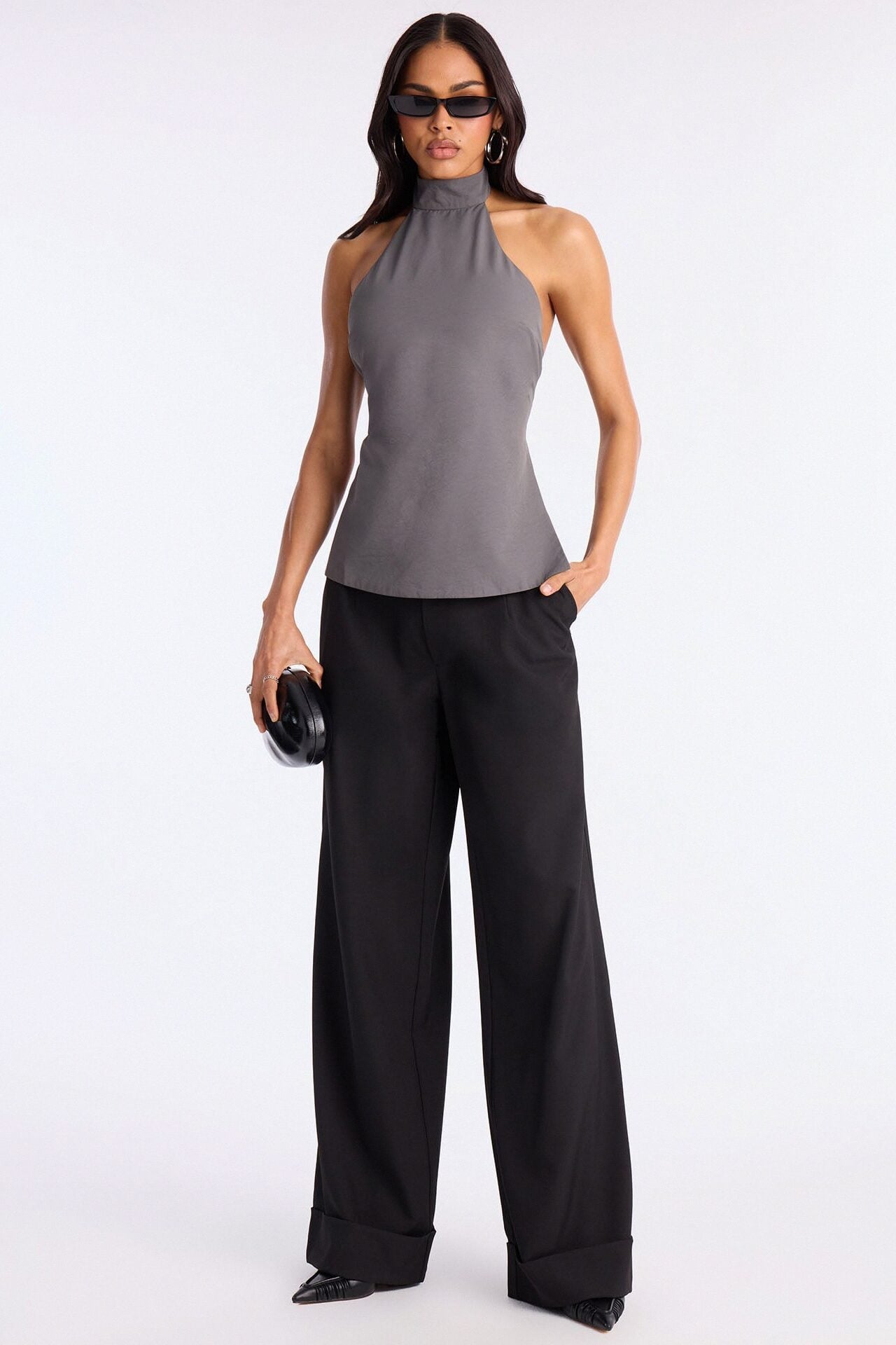 Modern Girl Belted Nylon Halter Top - Grey image 1