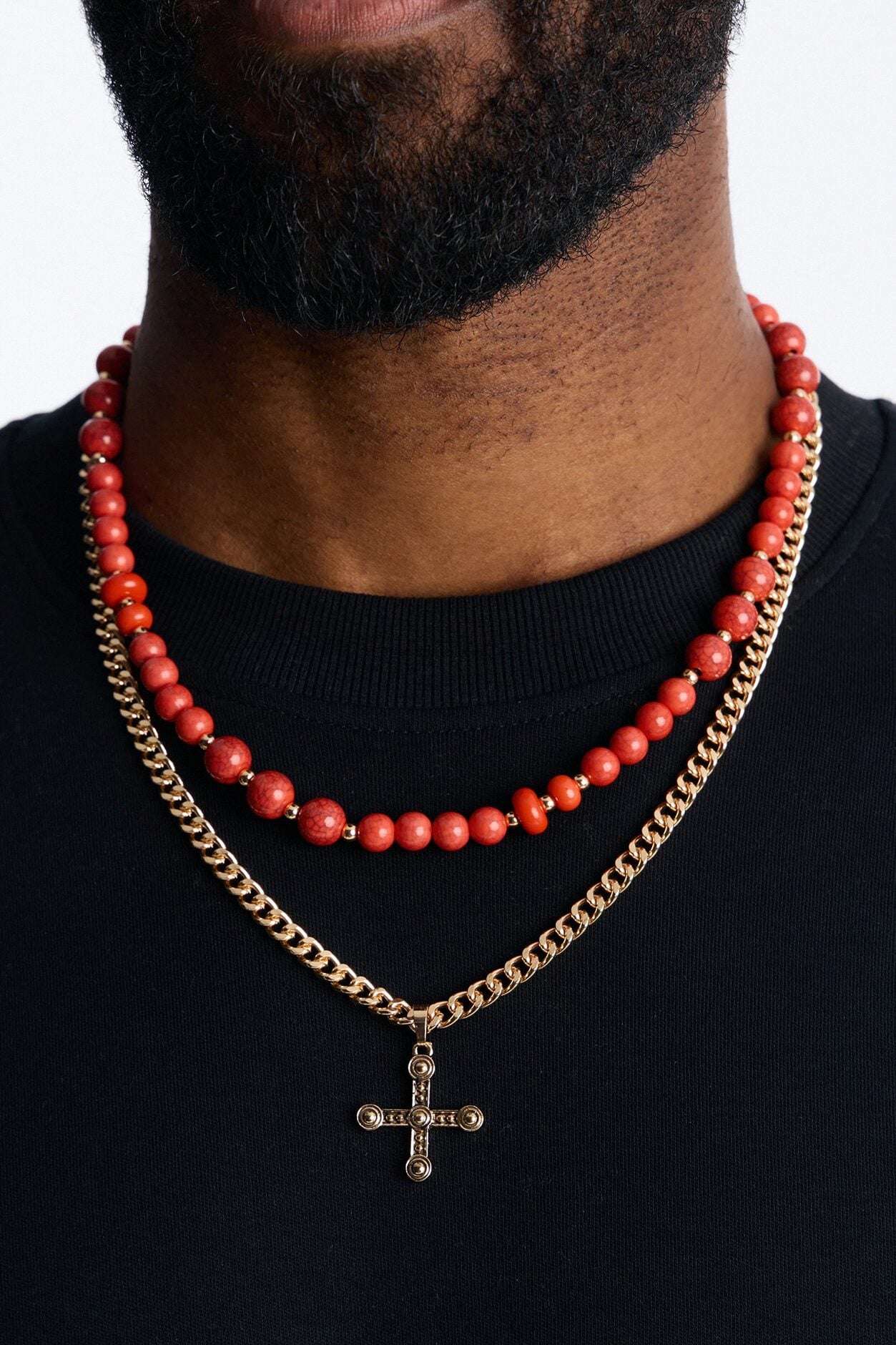 Layered Cuban Cross And Beaded Necklace Set - Gold/combo image 1