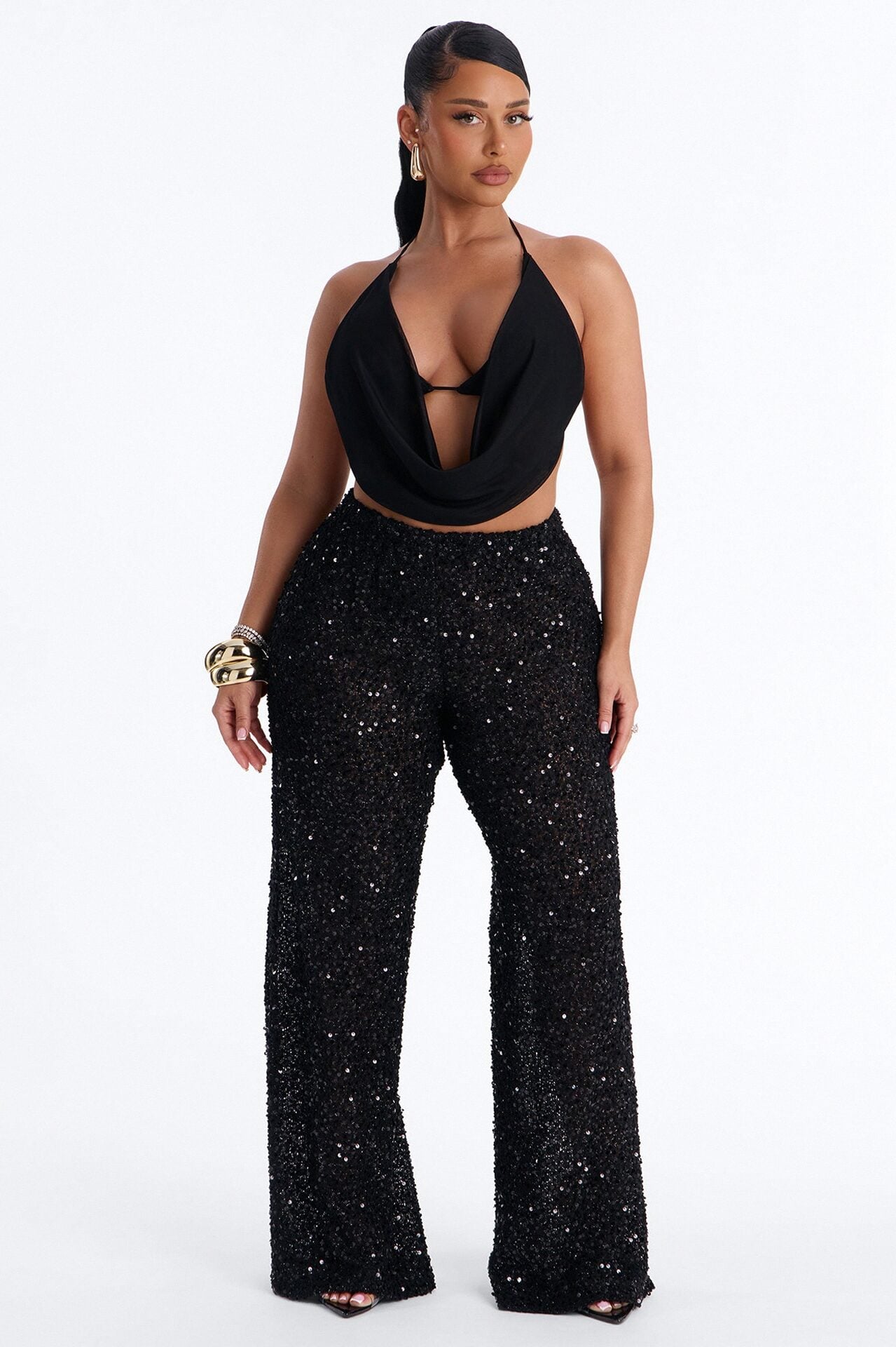 Azalea Low Rise Sequin Crochet Wide Leg Pant 33″ - Black image 1